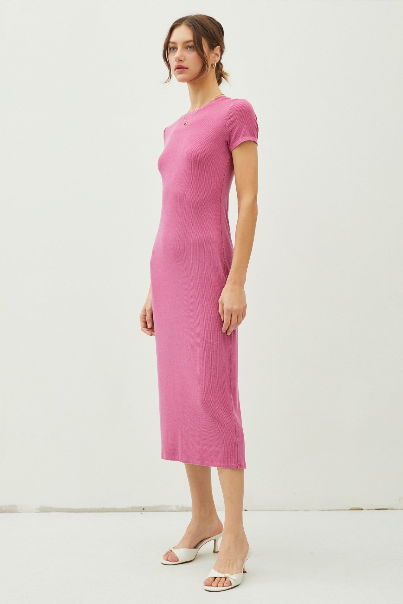 Magenta Rib Knit Back Slit Dress