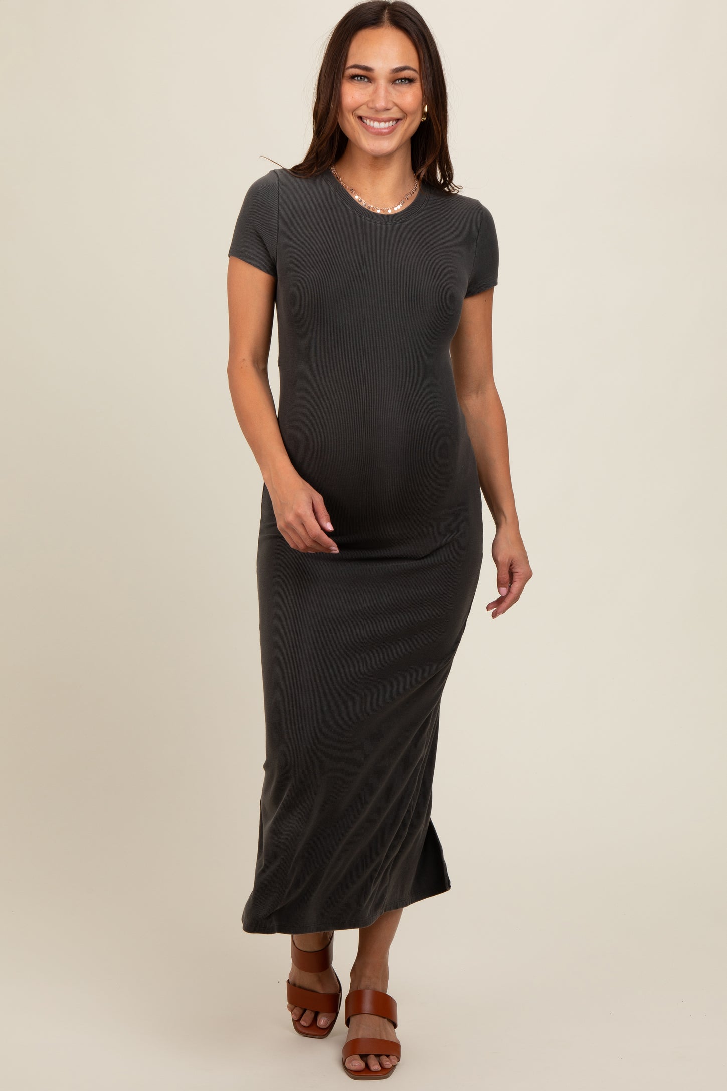 Charcoal Rib Knit Back Slit Maternity Dress