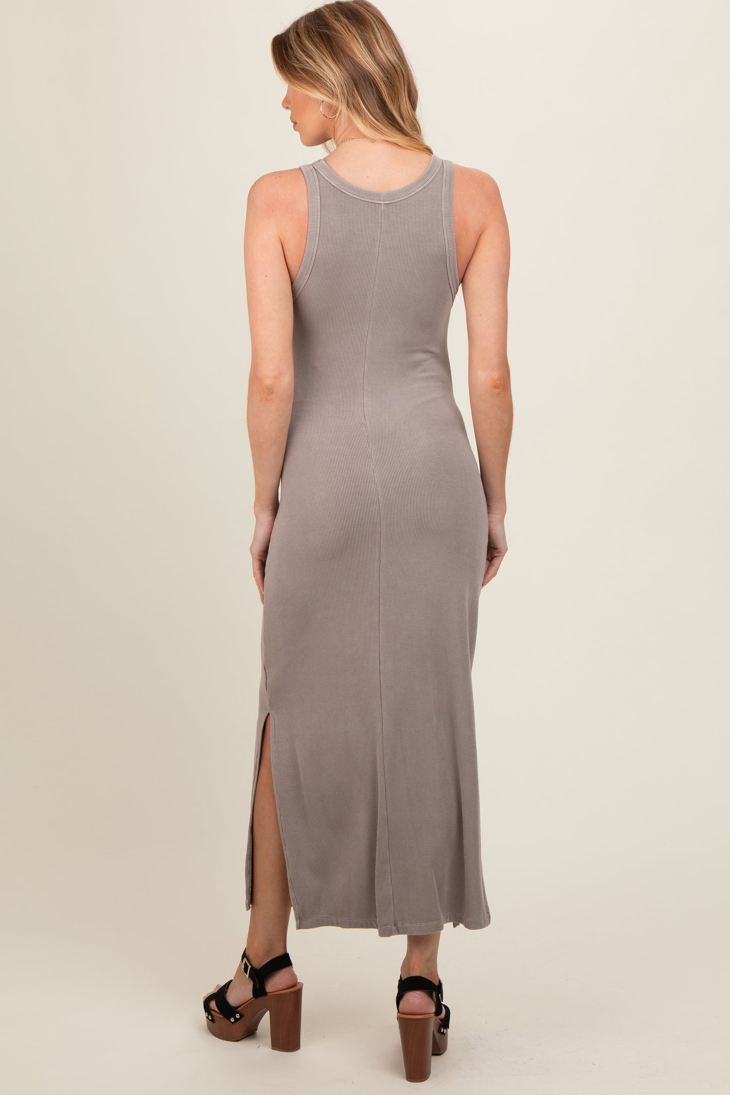 Taupe Ribbed Knit Side Slit Sleeveless Maternity Dress