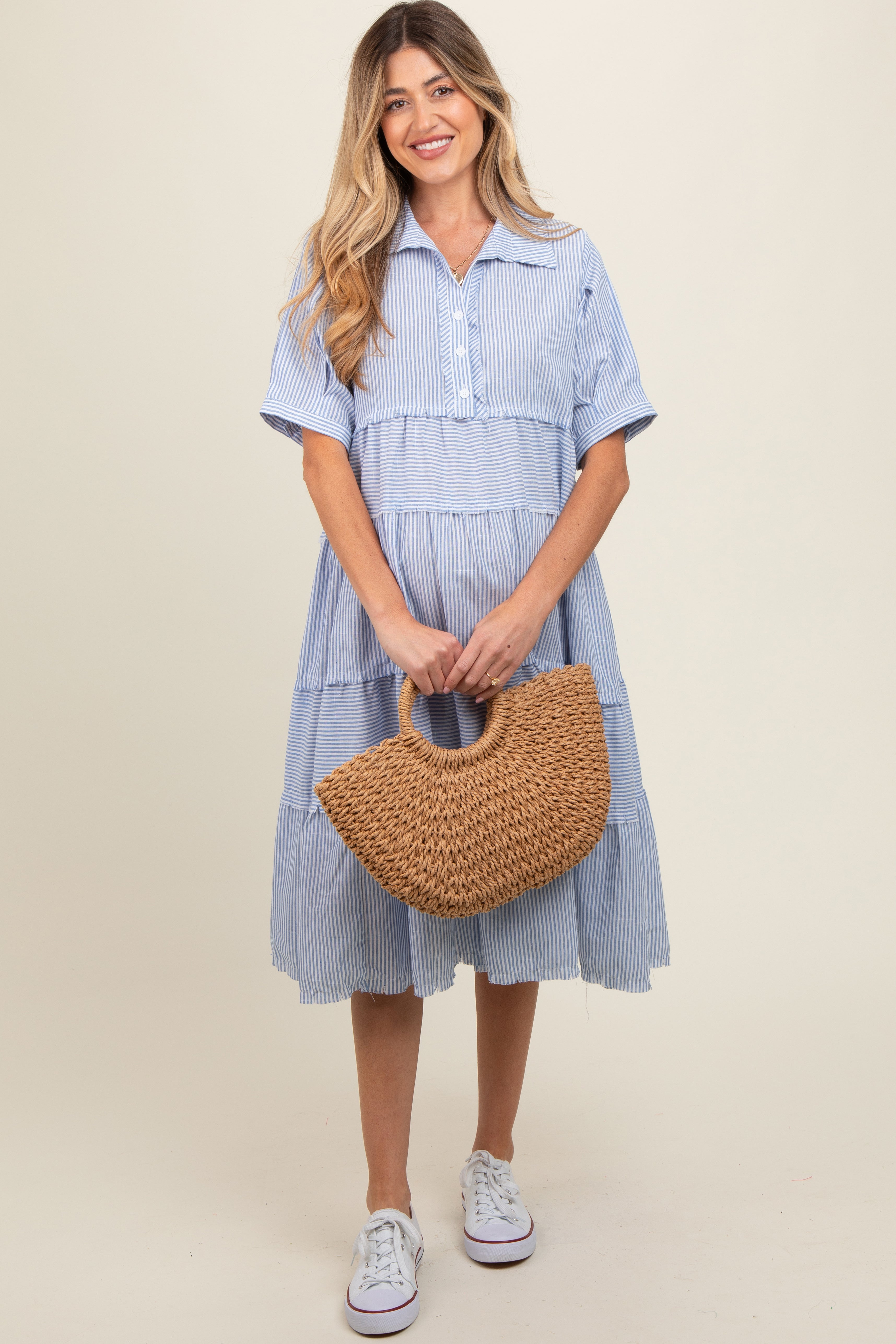 Flying Tomato Dusty Blue Striped Tiered Midi Dress
