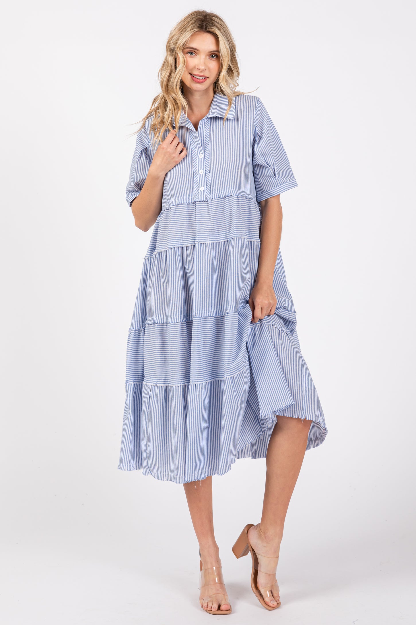 Blue Striped Tiered Raw Hem Midi Dress