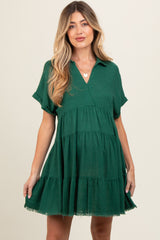 Forest Green Tiered Linen Maternity Dress