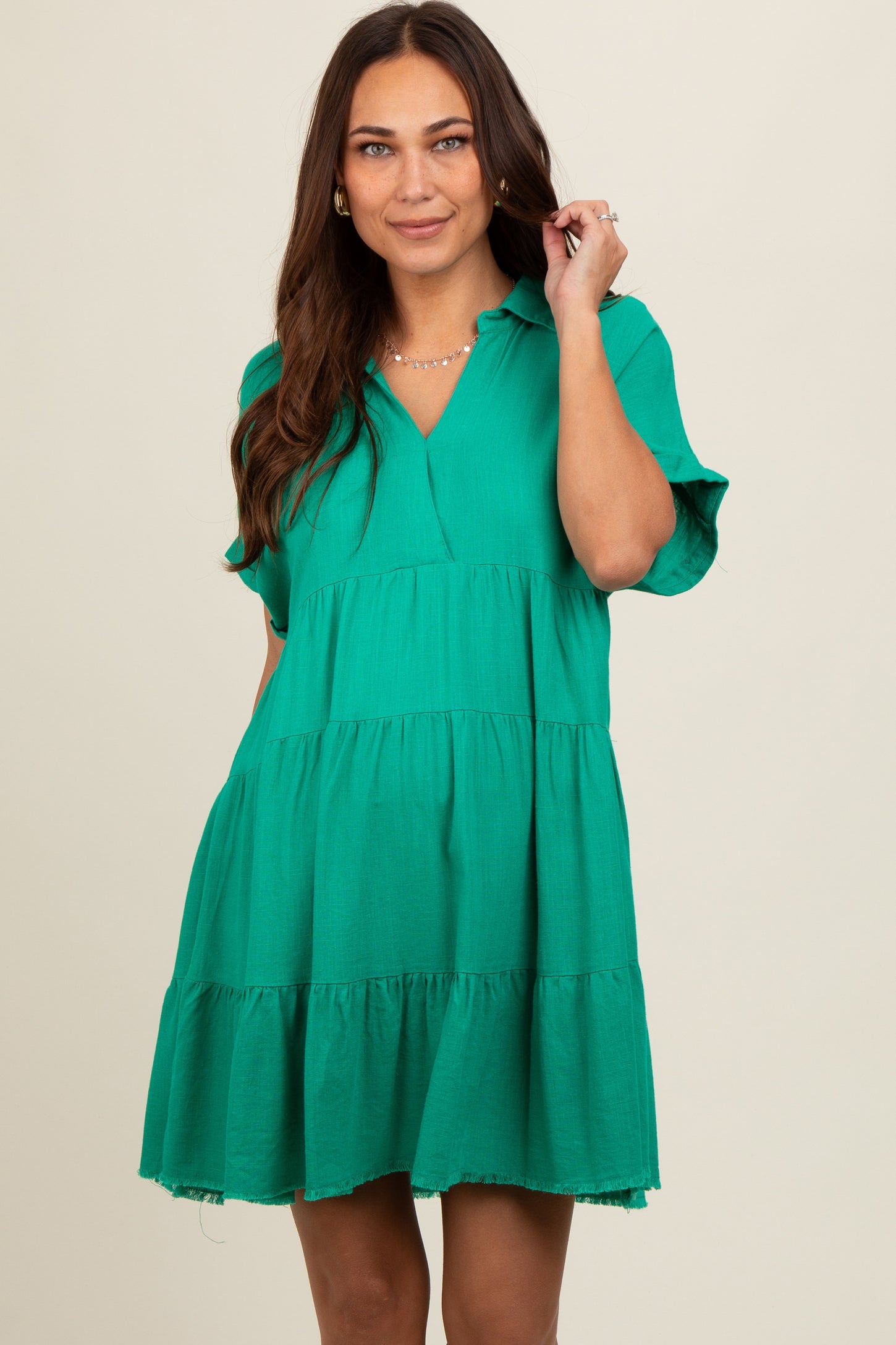 Emerald Green Tiered Linen Maternity Dress Emerald Green Tiered Linen Maternity Dress