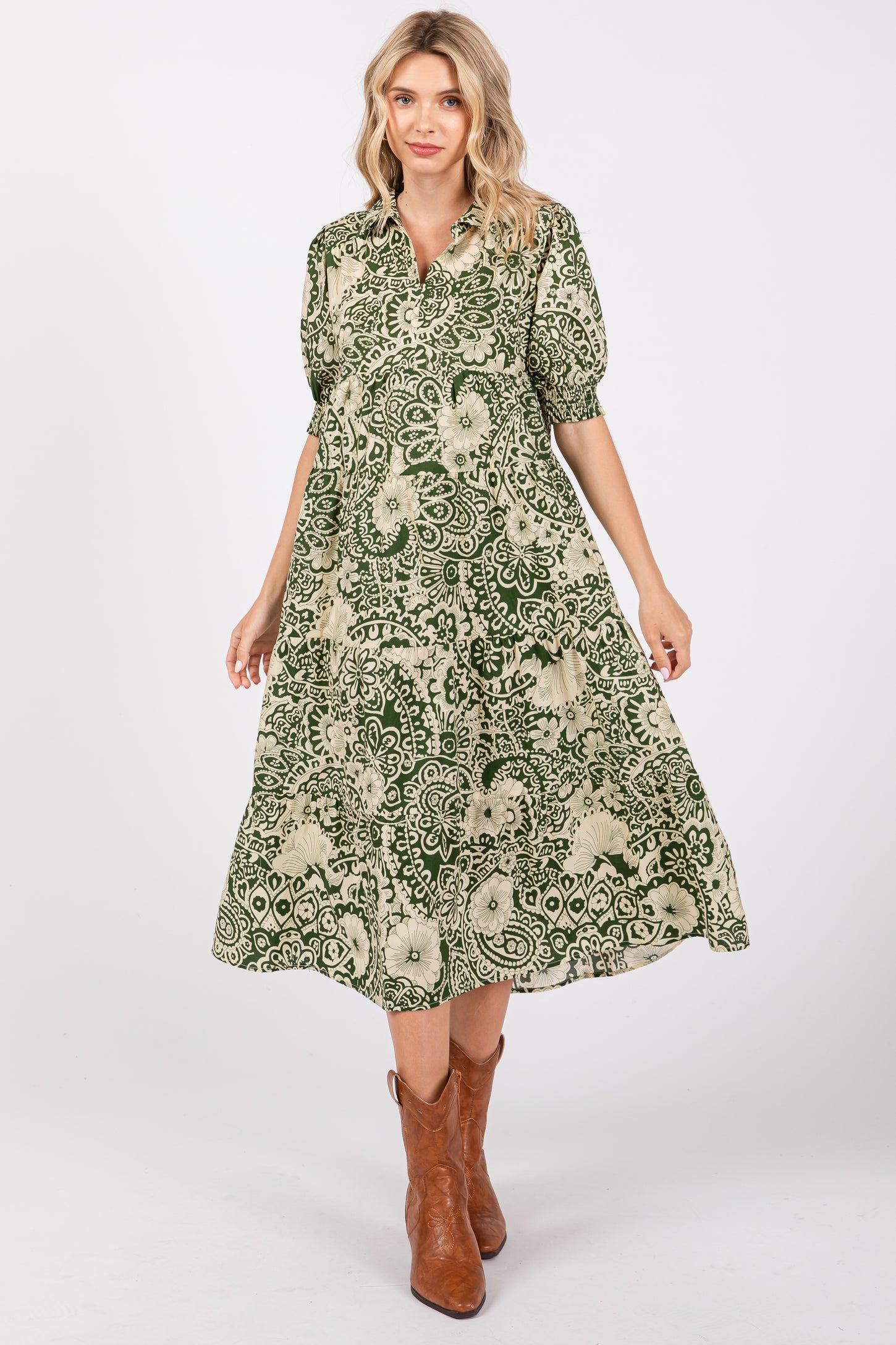 Olive Floral Collared Tiered Midi Dress PinkBlush Olive Floral Collared Tiered Midi Dress PinkBlush