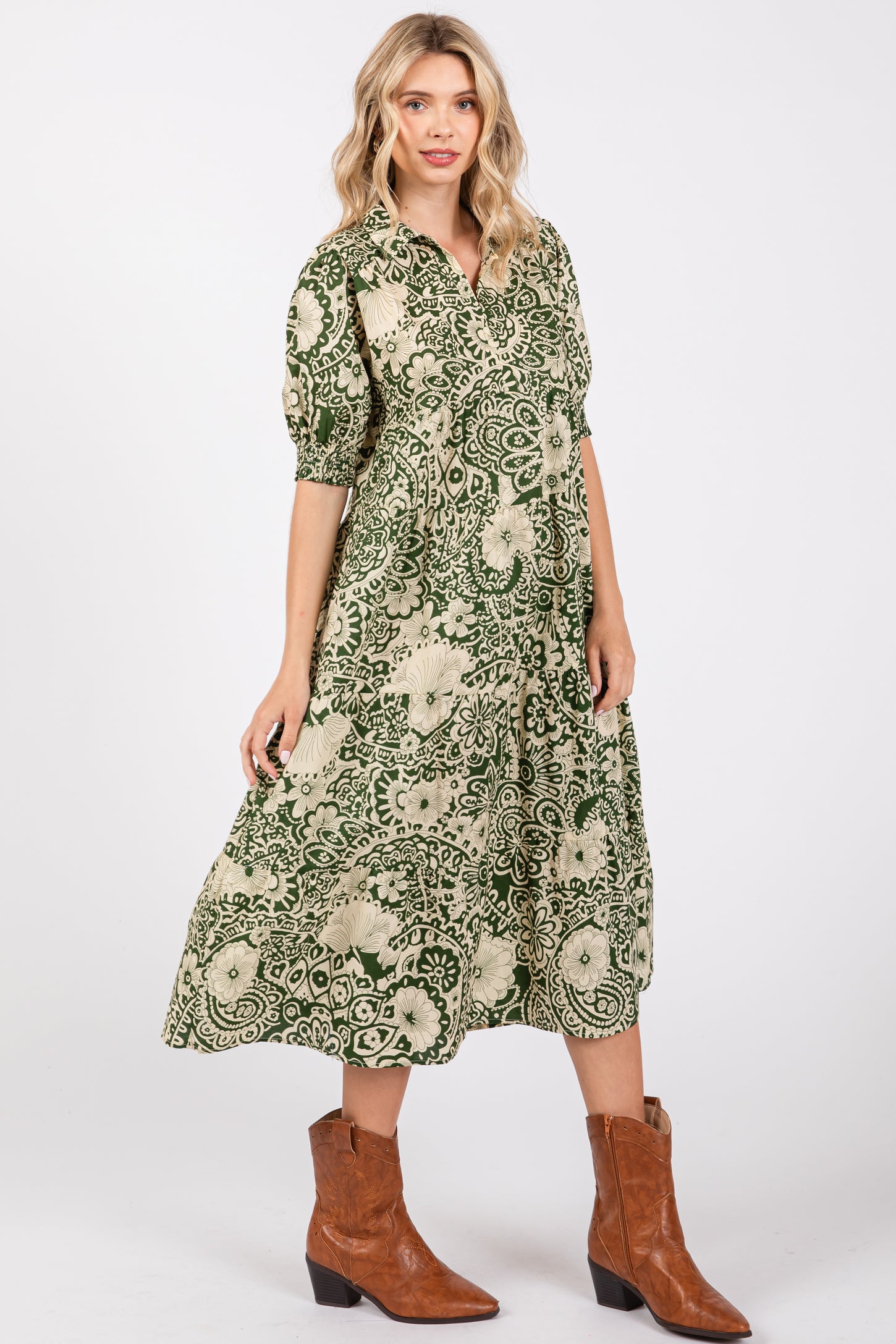 Olive Floral Collared Tiered Midi Dress PinkBlush Olive Floral Collared Tiered Midi Dress PinkBlush