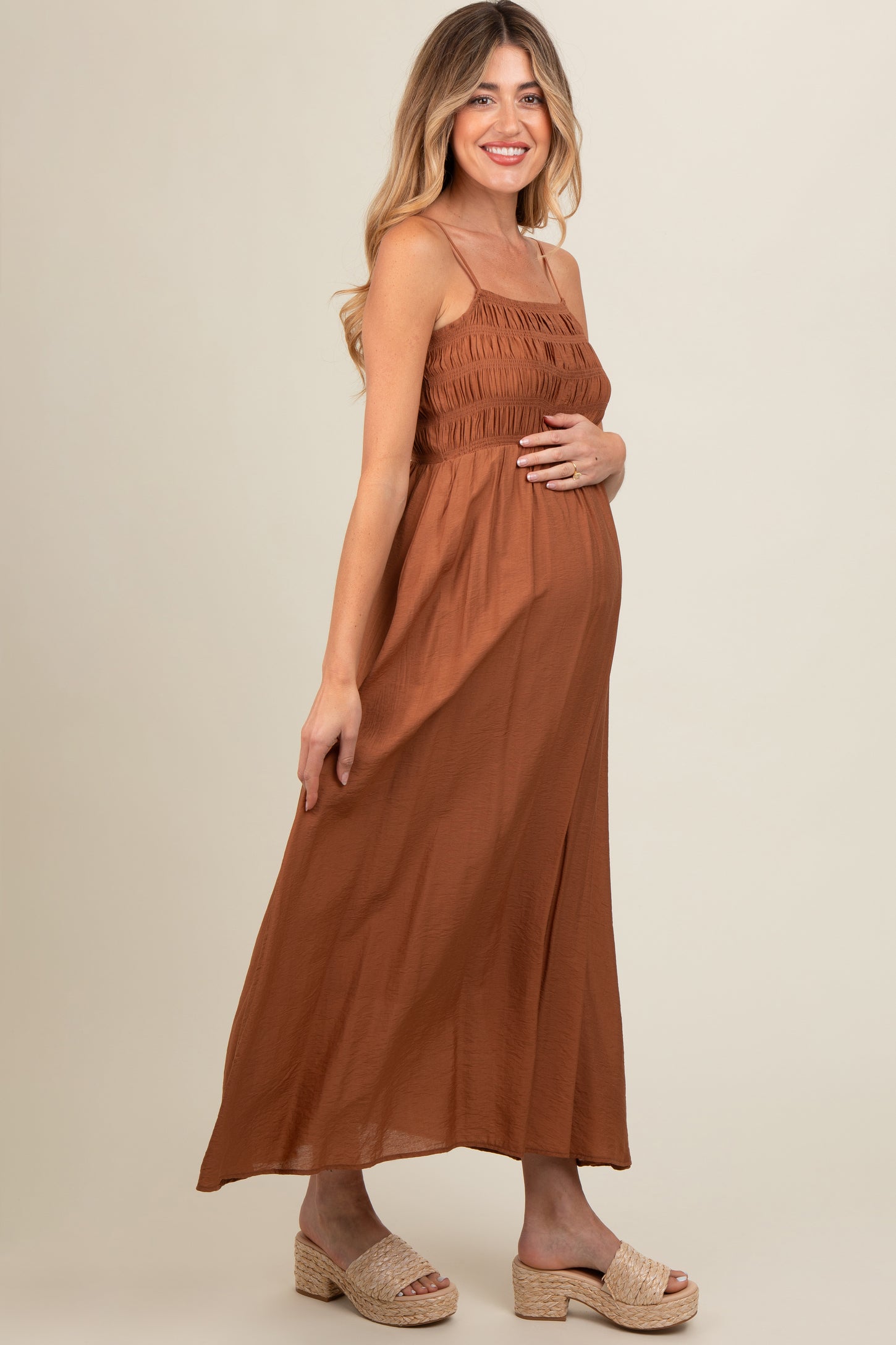 Rust Smocked Cutout Lace Up Back Maternity Maxi Dress – PinkBlush Rust Smocked Cutout Lace Up Back Maternity Maxi Dress – PinkBlush