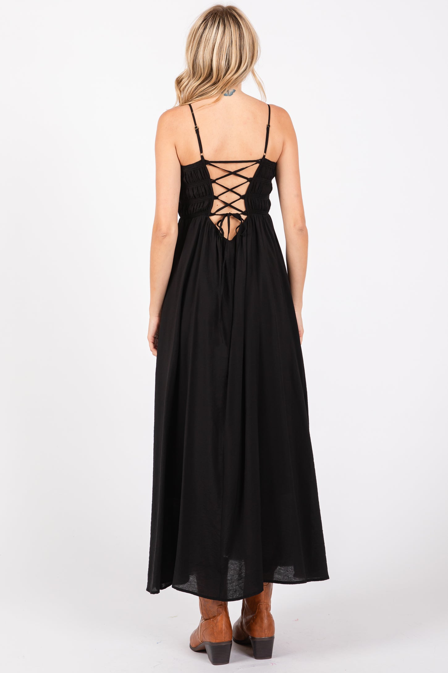 Black Smocked Cutout Lace Up Back Maxi Dress Black Smocked Cutout Lace Up Back Maxi Dress