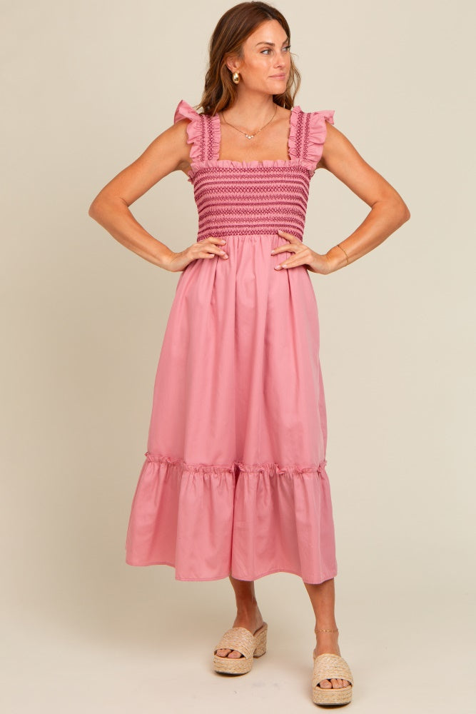 Mauve Contrast Stitch Smocked Ruffle Strap Midi Dress