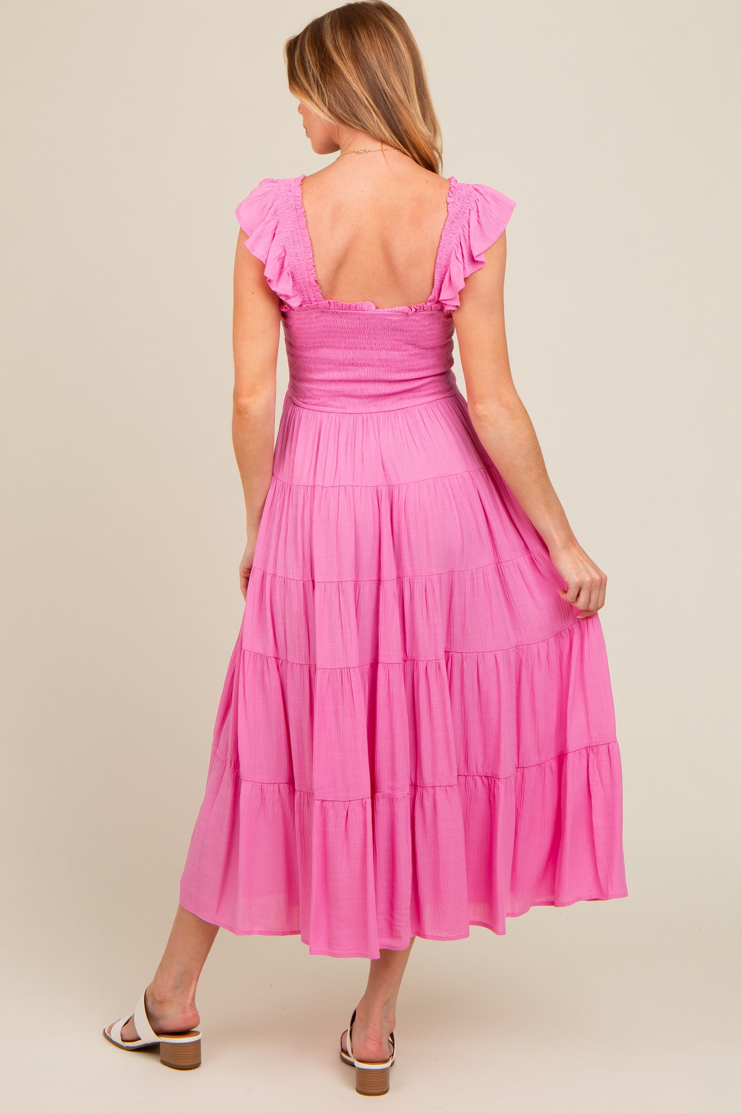 Fuchsia Smocked Tiered Ruffle Strap Maternity Midi Dress