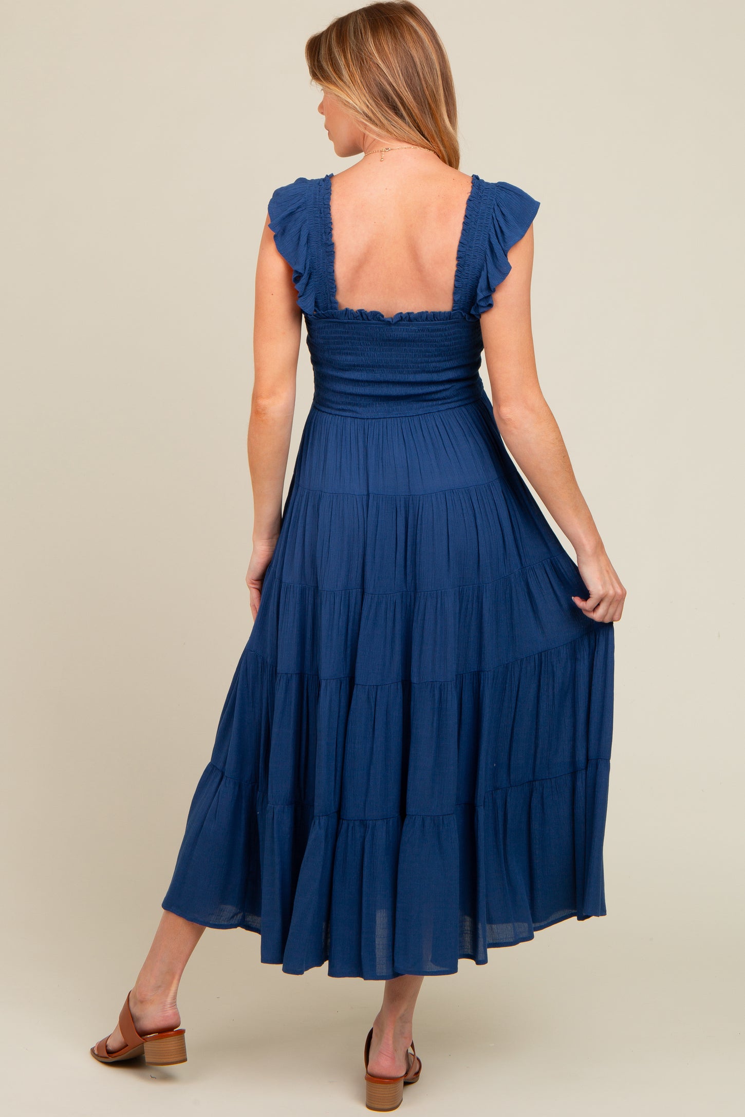 Navy Blue Smocked Tiered Ruffle Strap Maternity Midi Dress