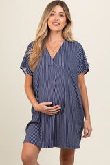 Navy Striped Soft Knit Maternity Dress