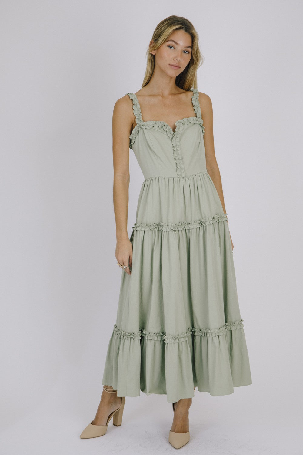Sage Monochromatic Ruffled Trim Midi Dress  PinkBlush