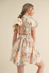 Pink Multi Floral Button Down Short Sleeve Mini Dress