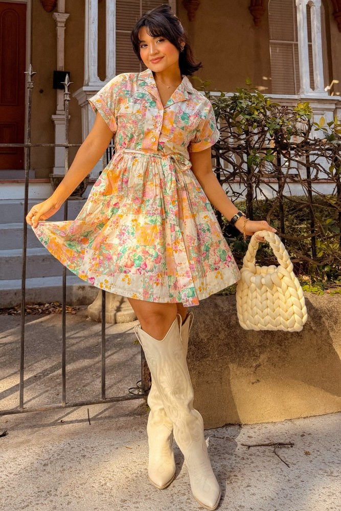 Pink Multi Floral Button Down Short Sleeve Mini Dress