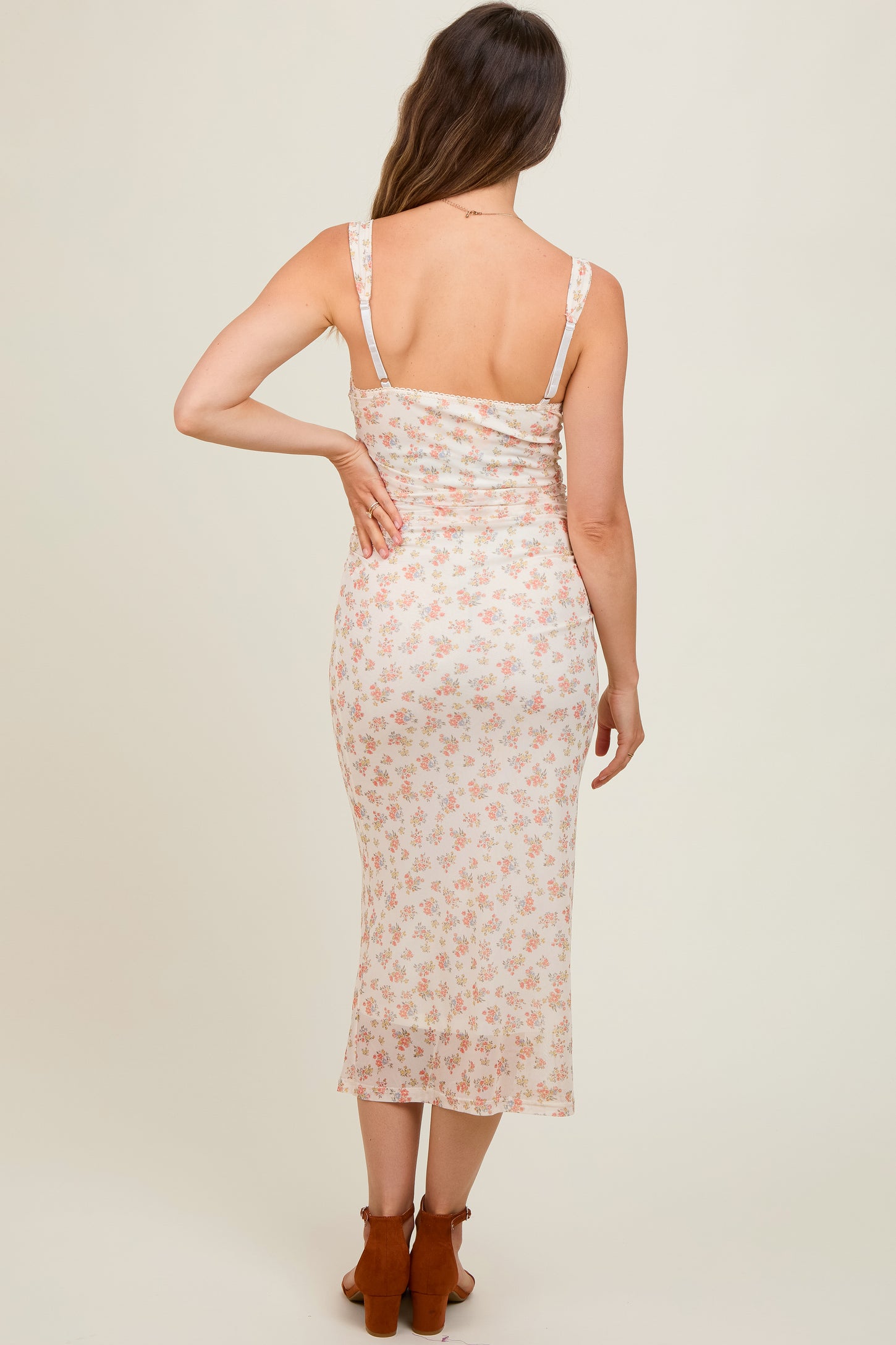 Orange Floral V-Neck Sleeveless Maternity Midi Dress PinkBlush Orange Floral V-Neck Sleeveless Maternity Midi Dress PinkBlush