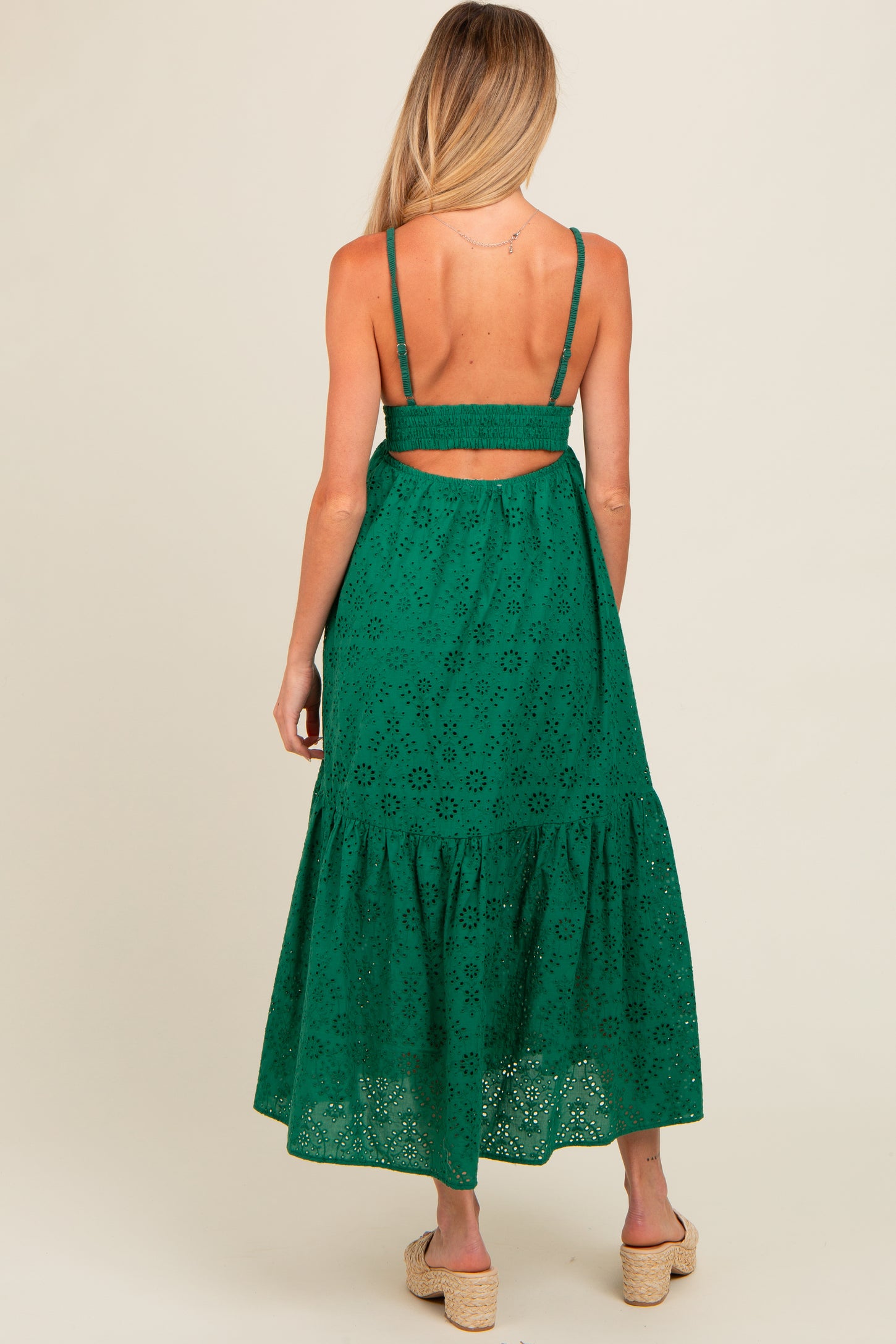 Forest Green Eyelet Lace Smocked Cutout Maternity Maxi Dress