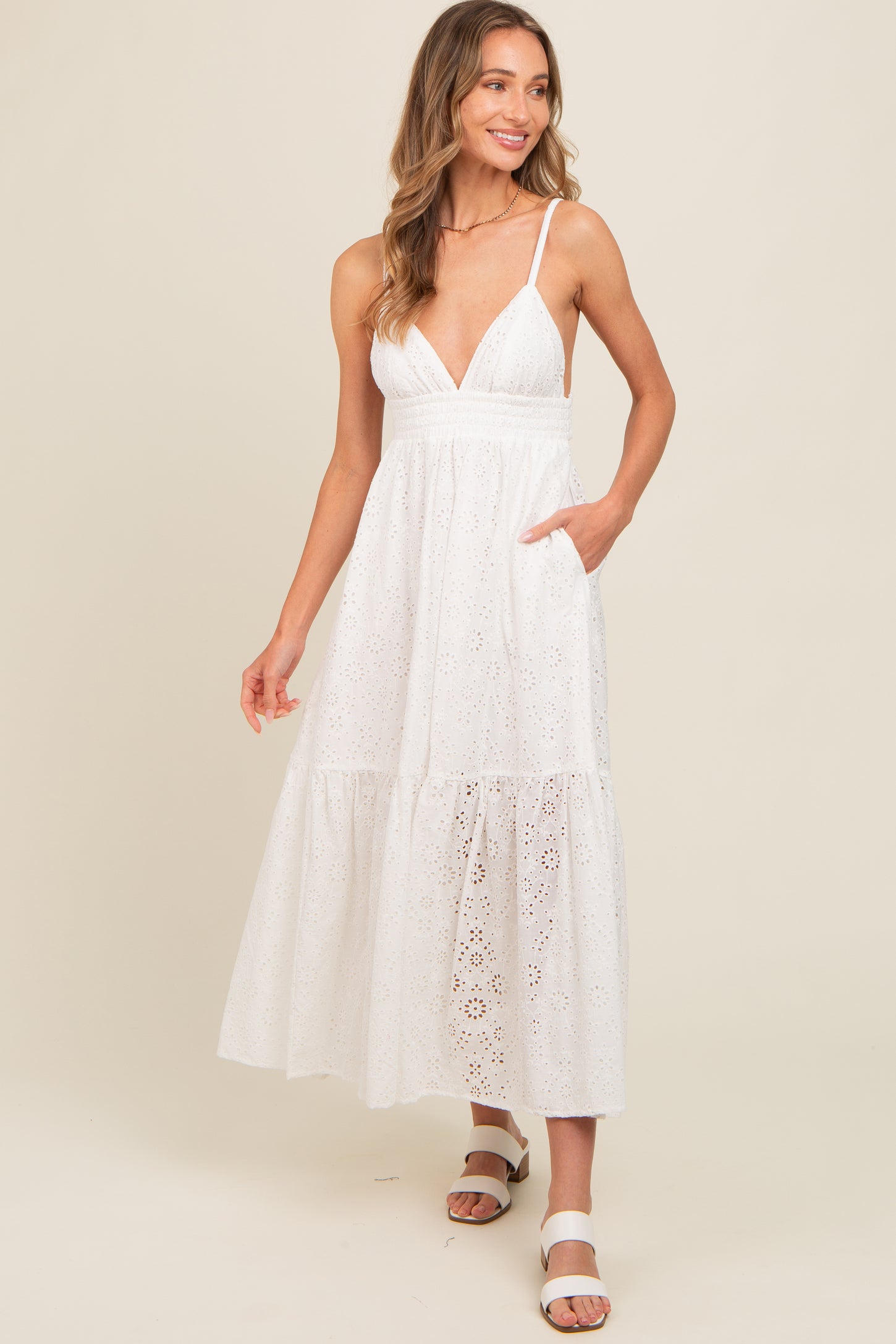Ivory Eyelet Lace Smocked Cutout Maxi Dress
