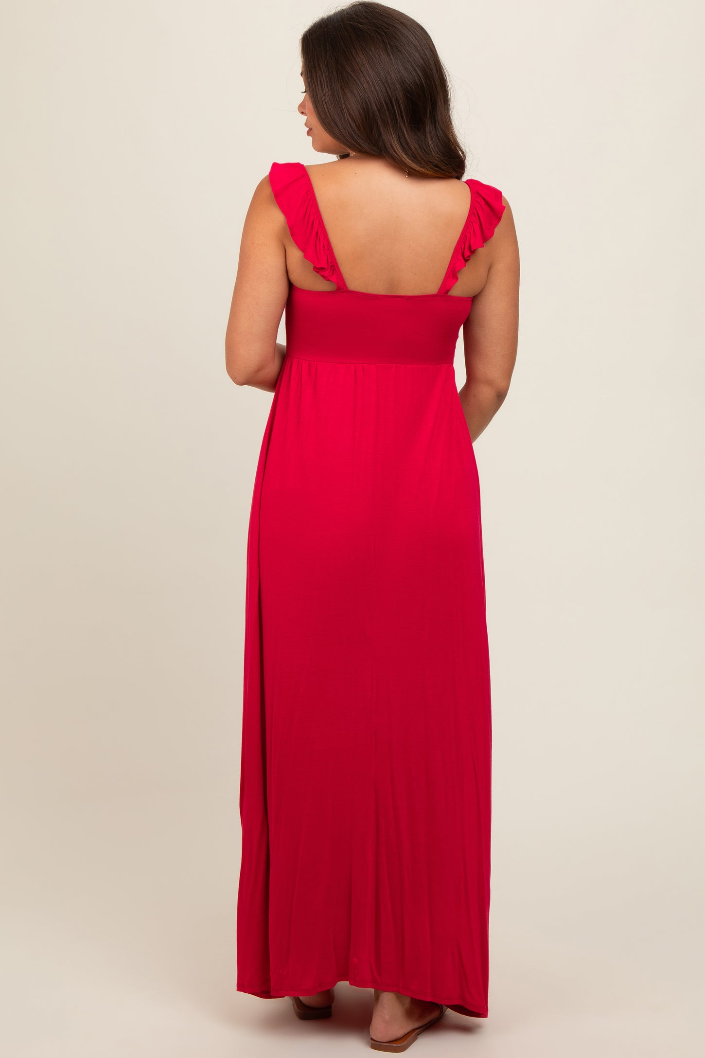 Red Ruffle Strap Maternity Maxi Dress
