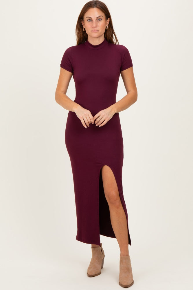 burgundy maxi dress short sleeve Burgundy Mock Neck Front Slit Short Sleeve Maxi Dress