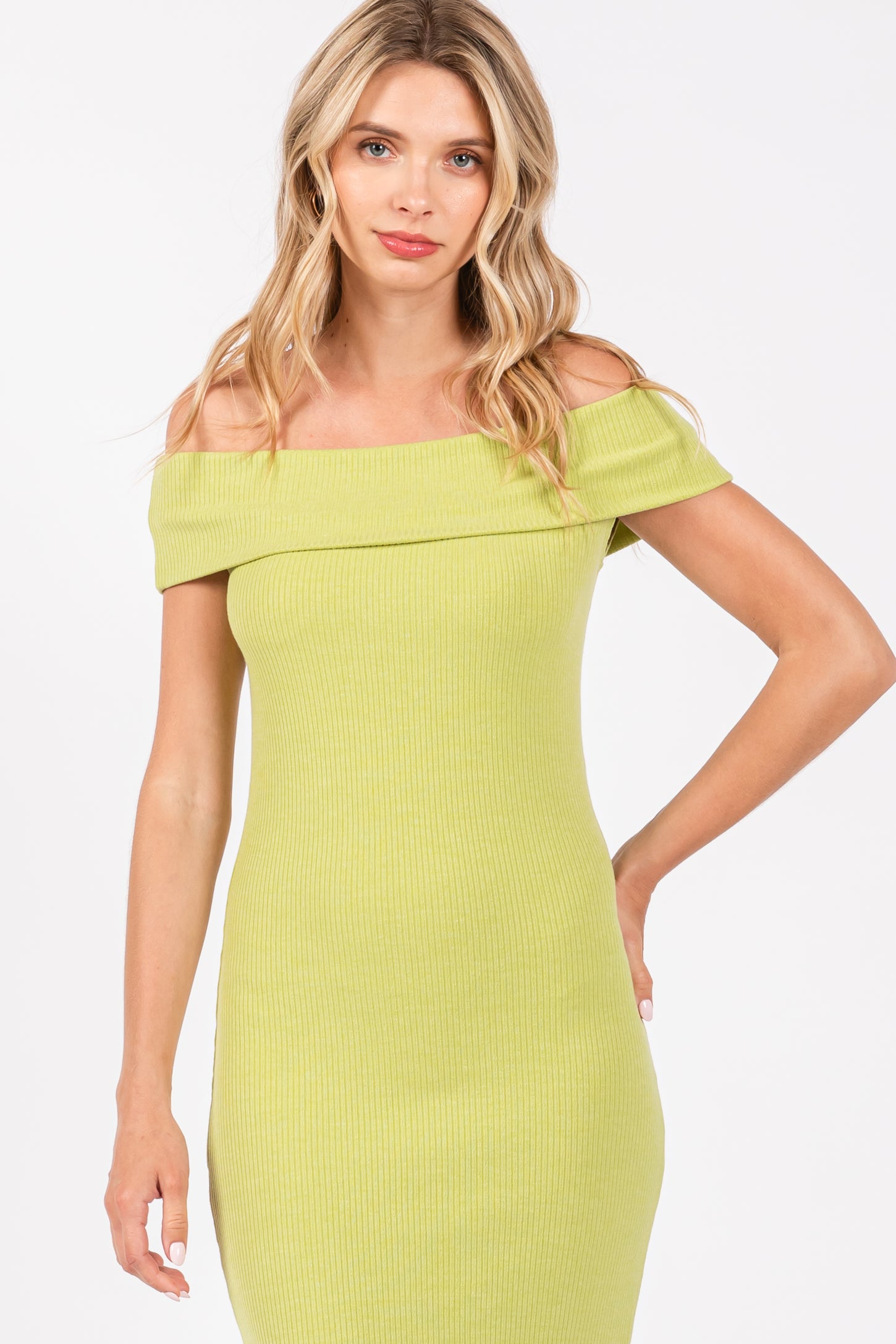 Lime Ribbed Knit Off Shoulder Midi Dress