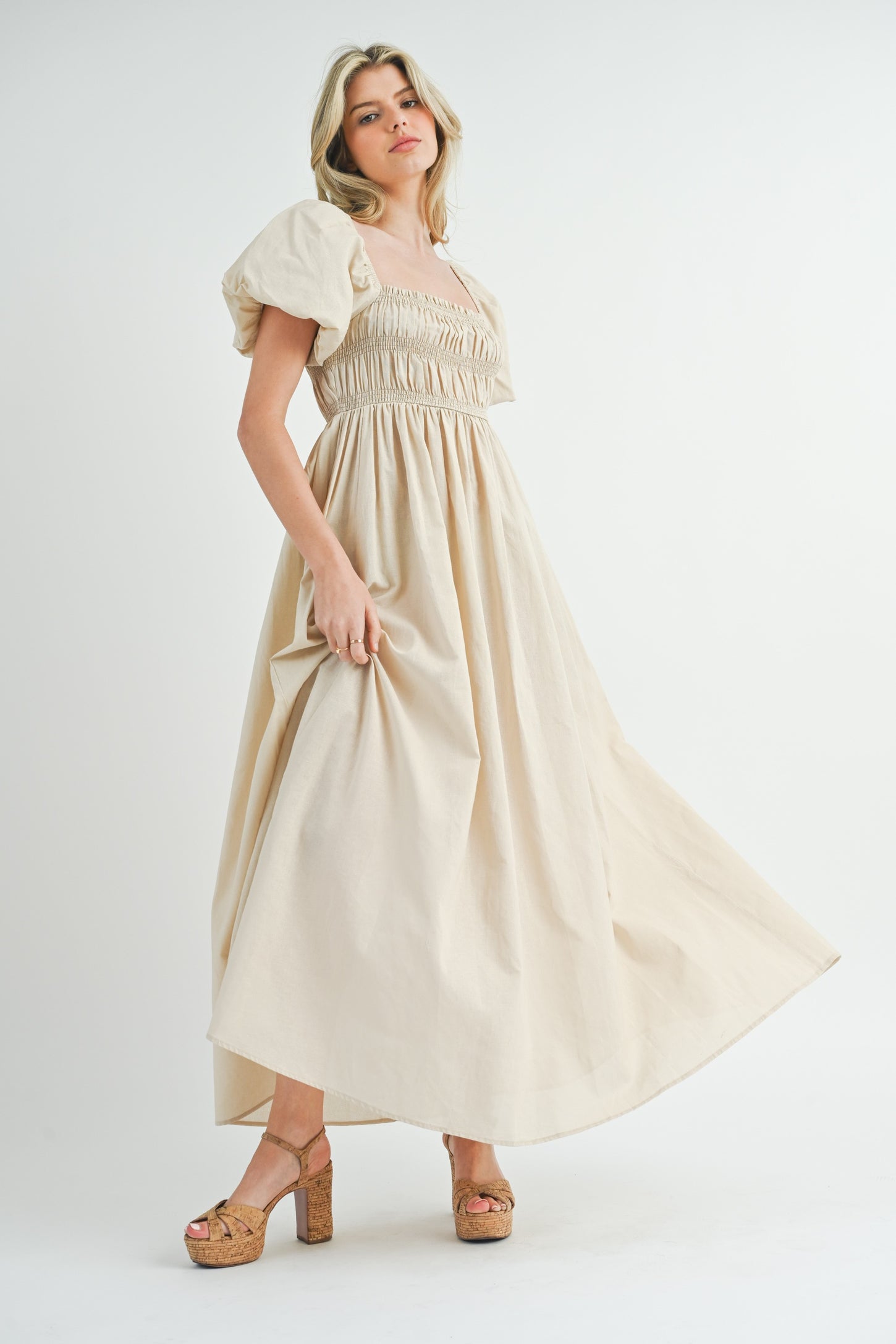 Cream Puff Sleeve Smocked Maternity Maxi Dress PinkBlush Cream Puff Sleeve Smocked Maternity Maxi Dress PinkBlush