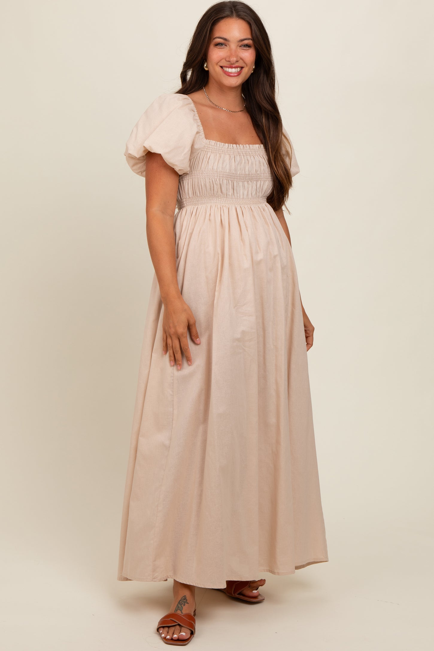 Cream Puff Sleeve Smocked Maternity Maxi Dress PinkBlush Cream Puff Sleeve Smocked Maternity Maxi Dress PinkBlush