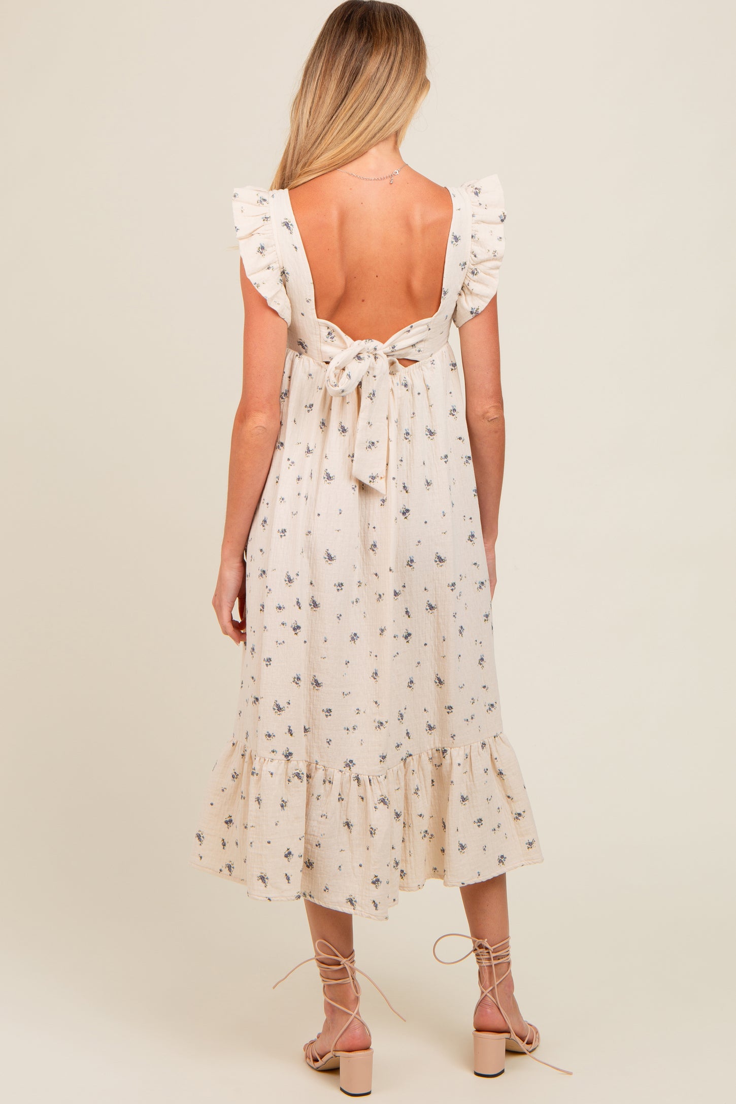 Cream Cutout Back Ruffle Accent Maternity Midi Dress PinkBlush Cream Cutout Back Ruffle Accent Maternity Midi Dress PinkBlush