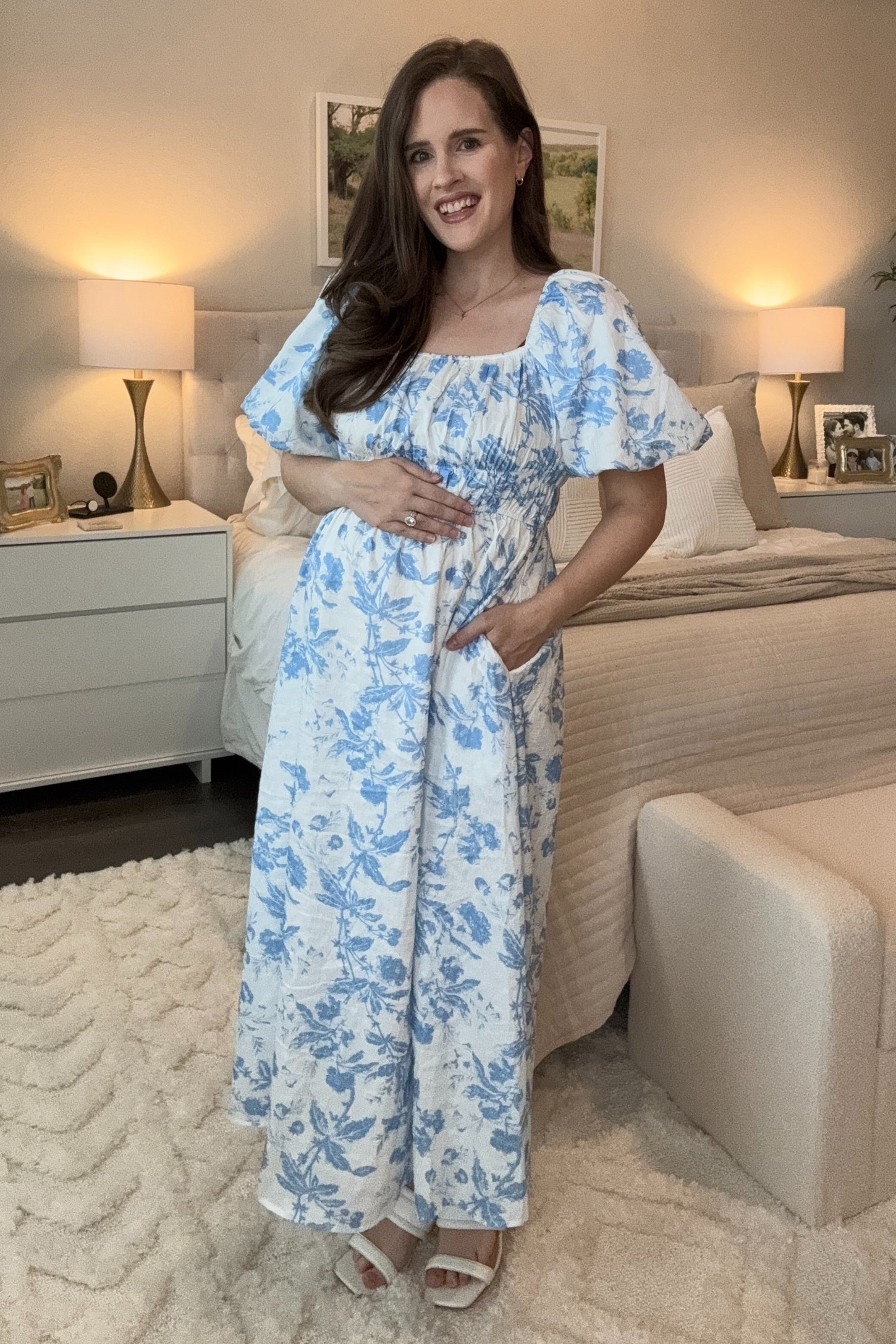 blue floral puff sleeve midi dress Blue Floral Puff Sleeve Midi Dress PinkBlush