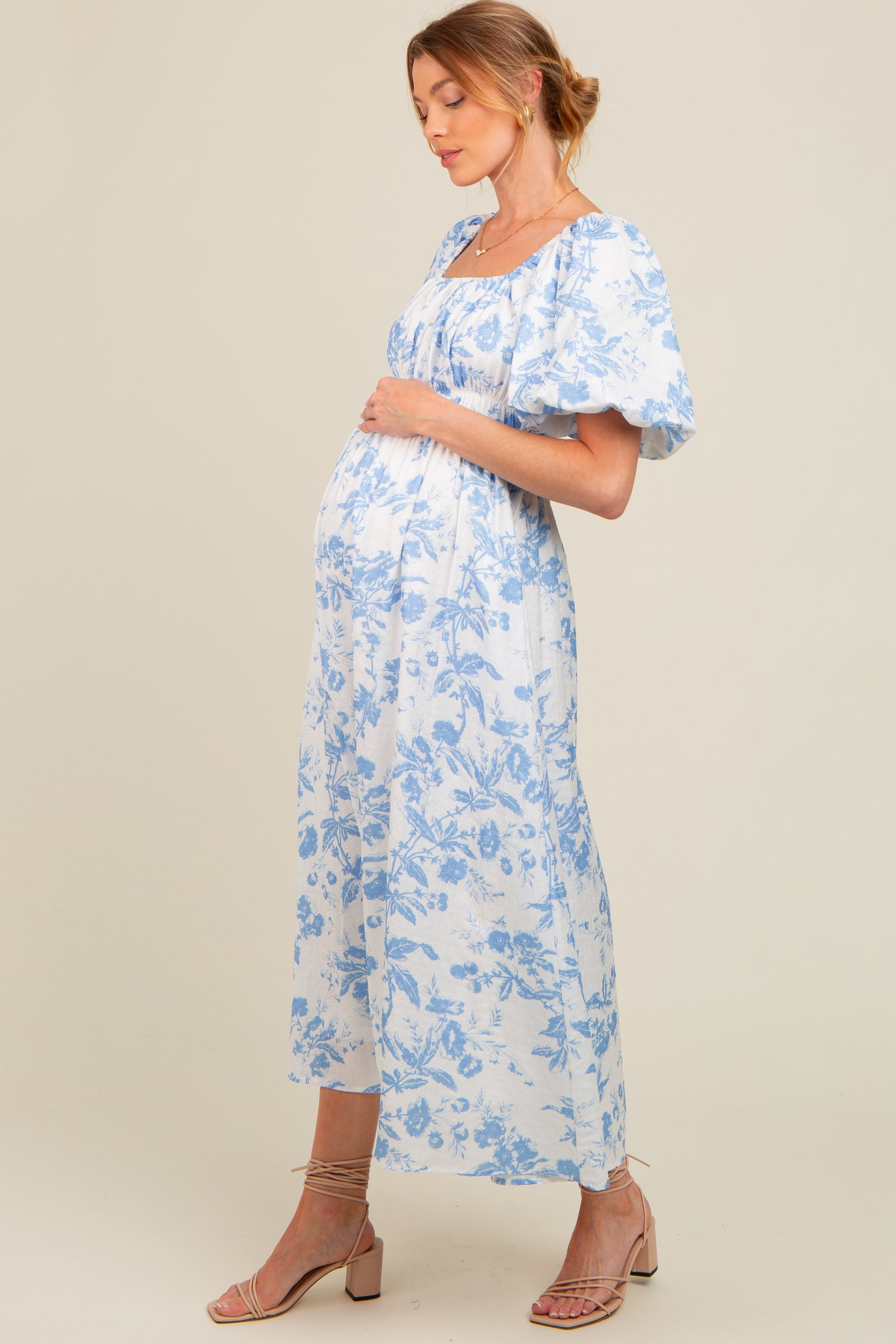 Blue Floral Puff Sleeve Maternity Midi Dress PinkBlush Blue Floral Puff Sleeve Maternity Midi Dress PinkBlush
