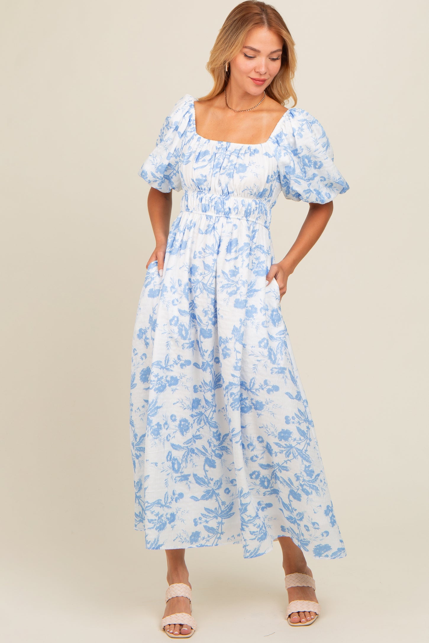 Blue Floral Puff Sleeve Midi Dress Blue Floral Puff Sleeve Midi Dress