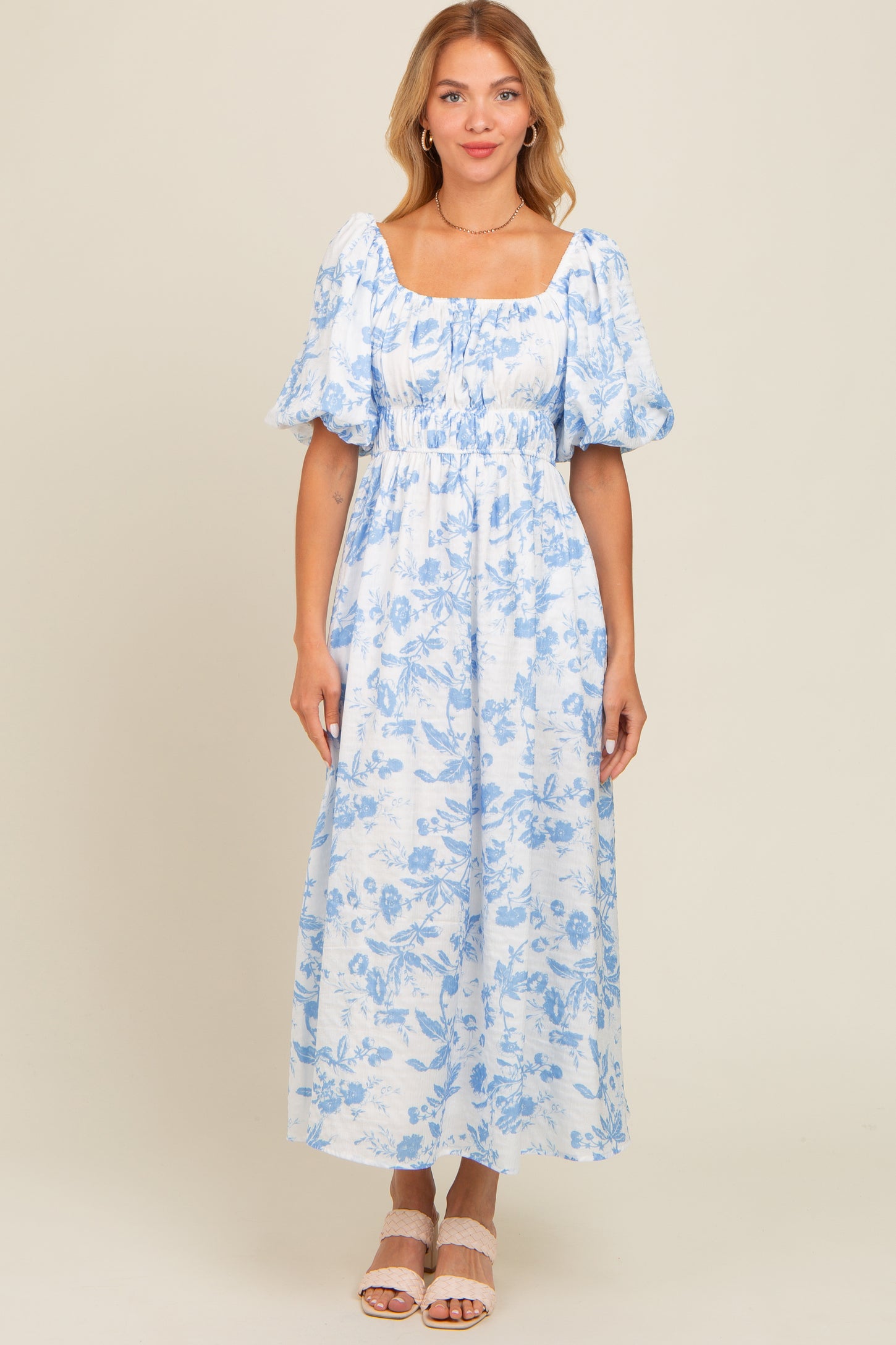blue and white floral midi dress Blue Floral Puff Sleeve Midi Dress