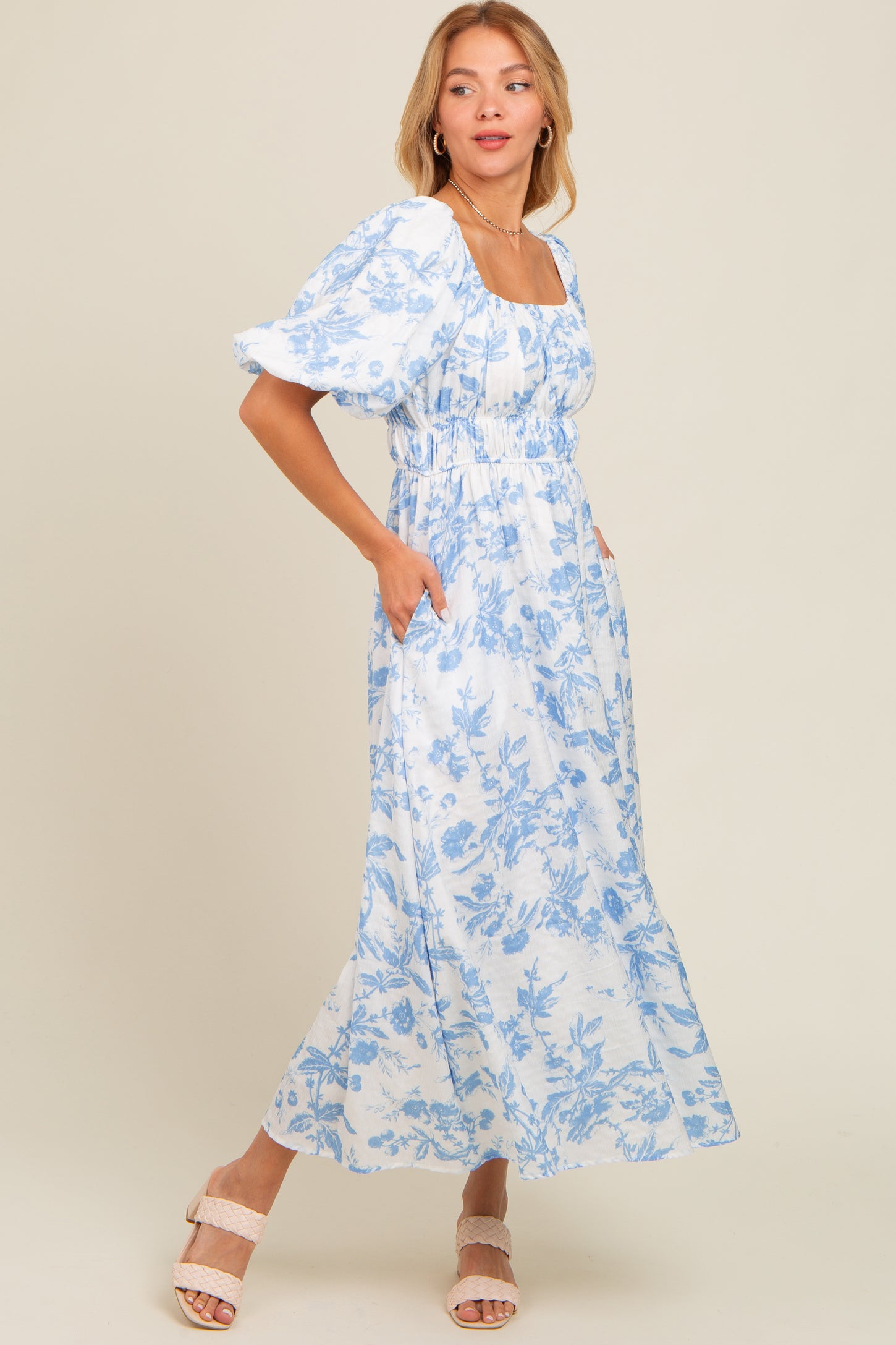 blue floral print midi dress Blue and Ivory Print Midi Summer Dress with Buttons Ivory Blue Stripe Floral / Small