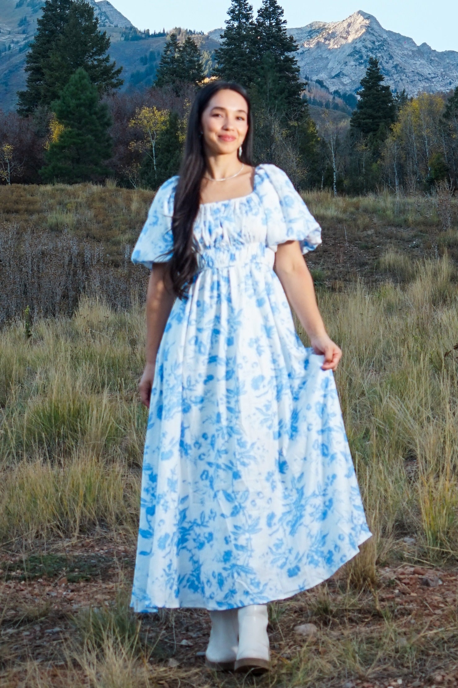 blue floral puff sleeve dress Midi Noisy May mesh overlay Color:Coral Looking for something to BLACK-TIE