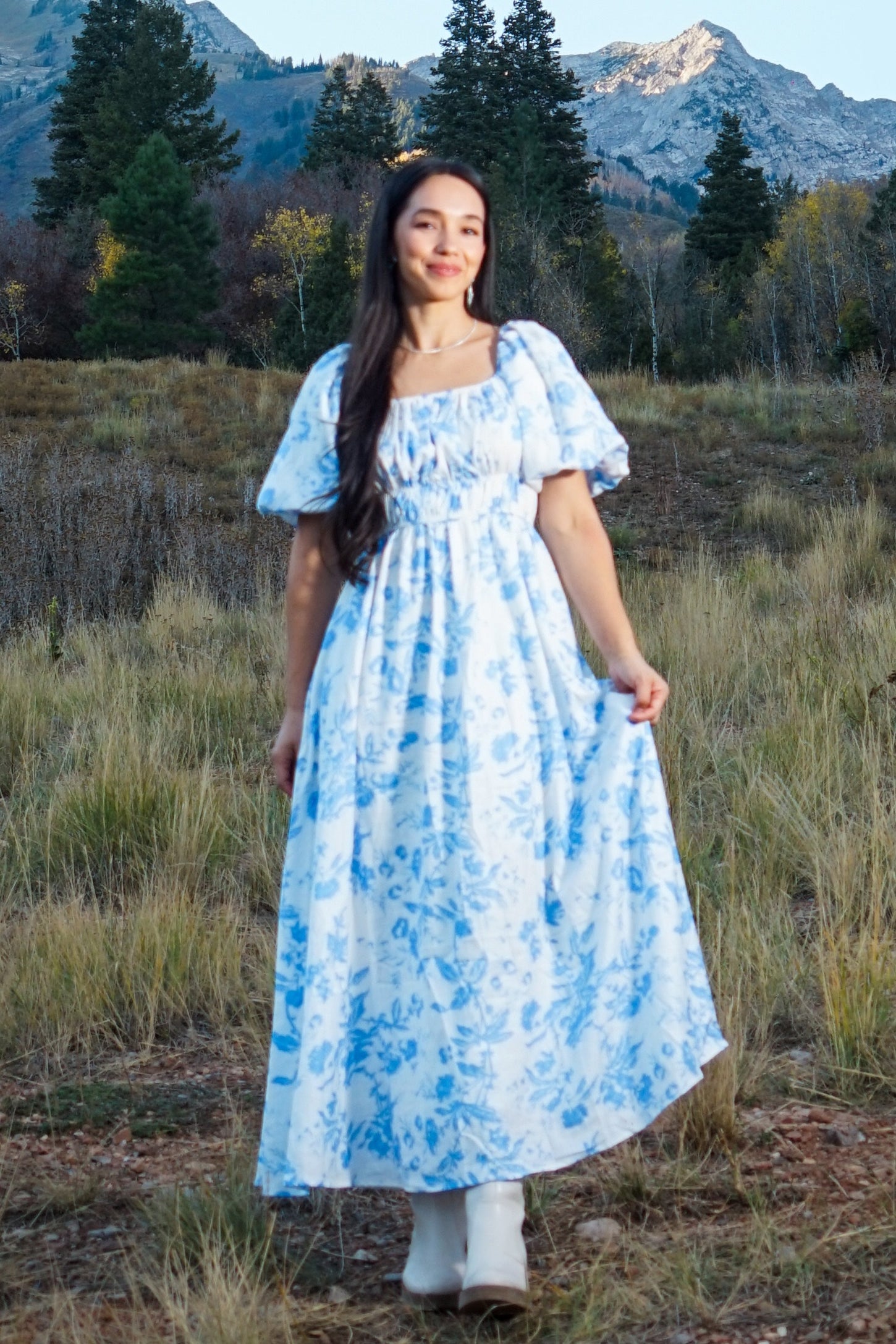 Blue Floral Puff Sleeve Midi Dress PinkBlush Blue Floral Puff Sleeve Midi Dress PinkBlush