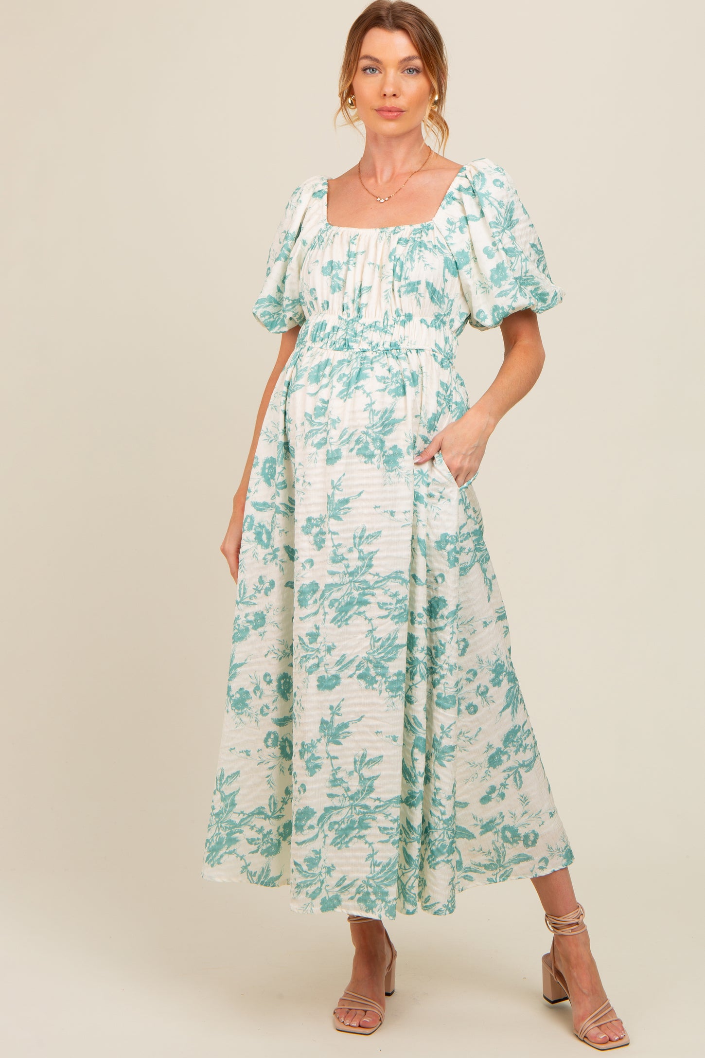 Teal Floral Puff Sleeve Maternity Midi Dress– PinkBlush