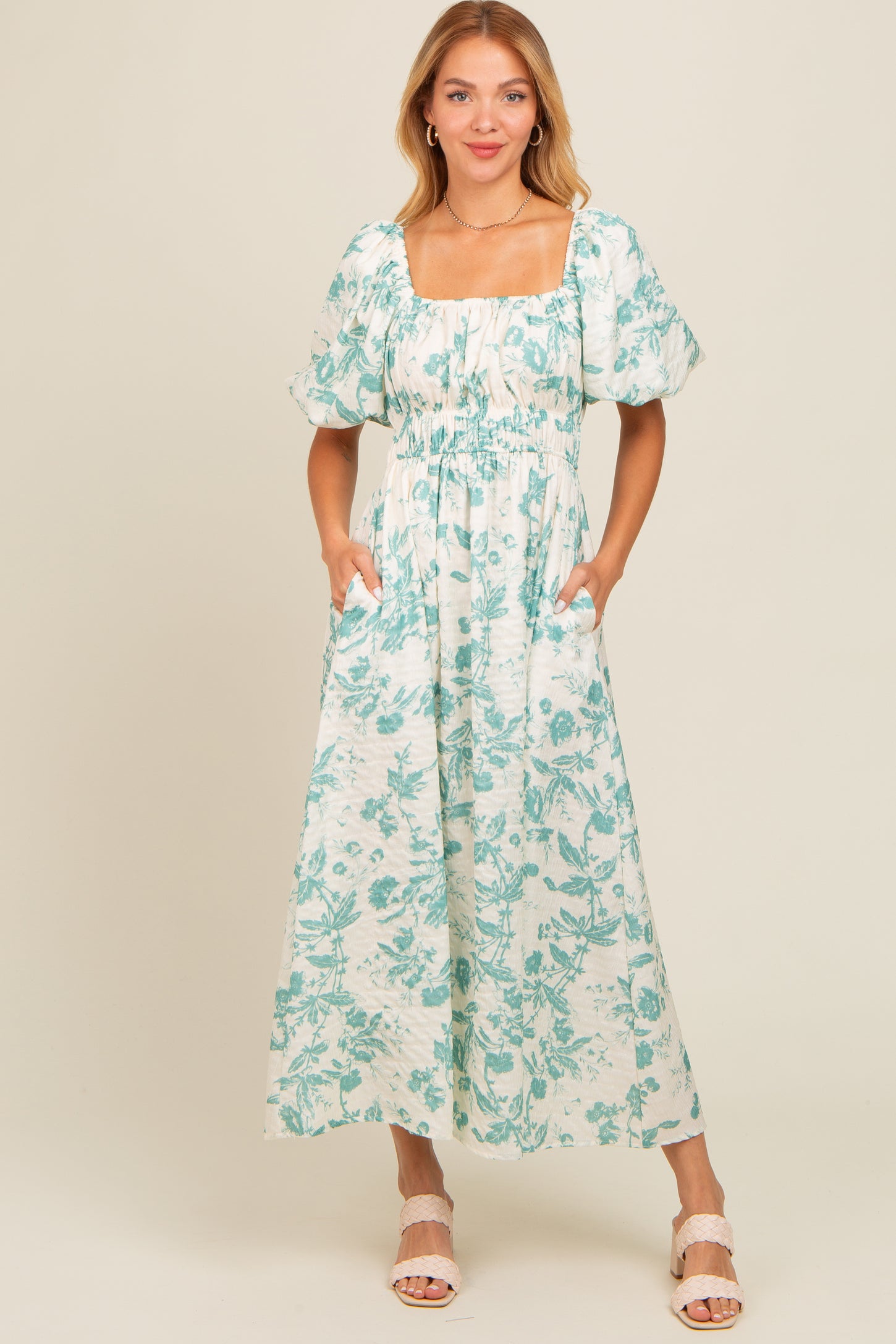 Teal Floral Puff Sleeve Midi Dress PinkBlush Teal Floral Puff Sleeve Midi Dress PinkBlush