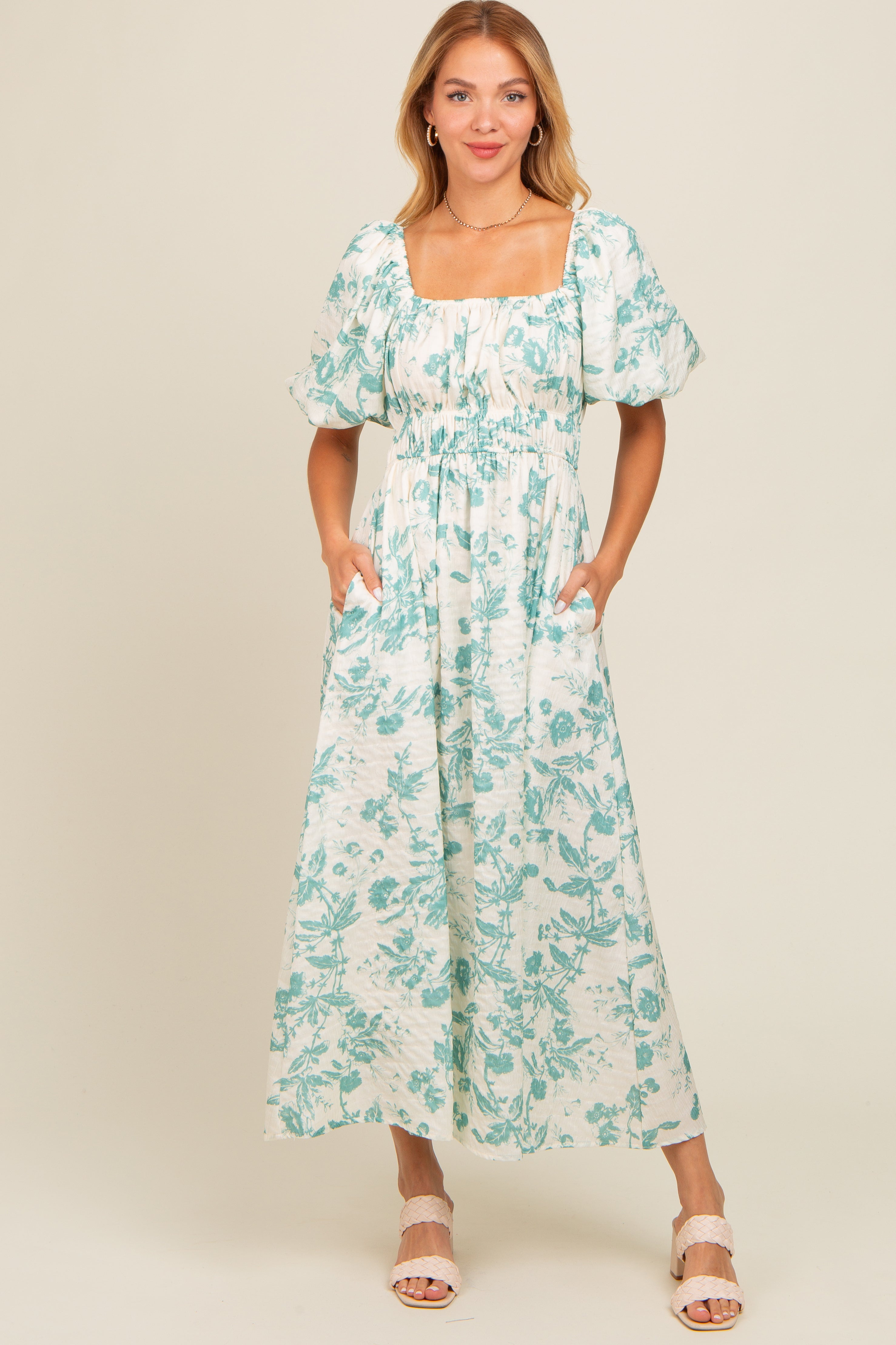 Teal Floral Puff Sleeve Midi Dress Teal Floral Puff Sleeve Midi Dress