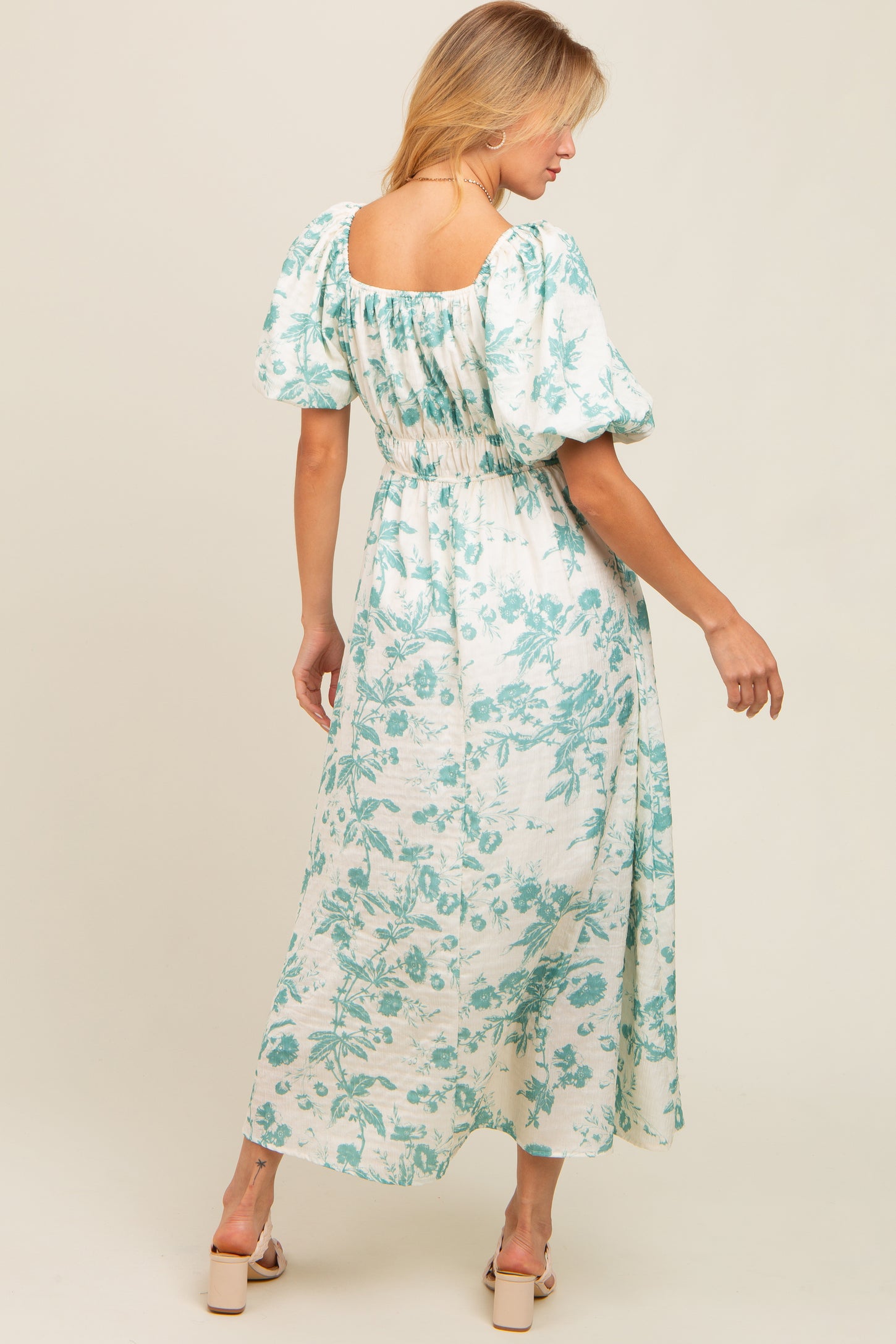 Teal Floral Puff Sleeve Midi Dress – PinkBlush