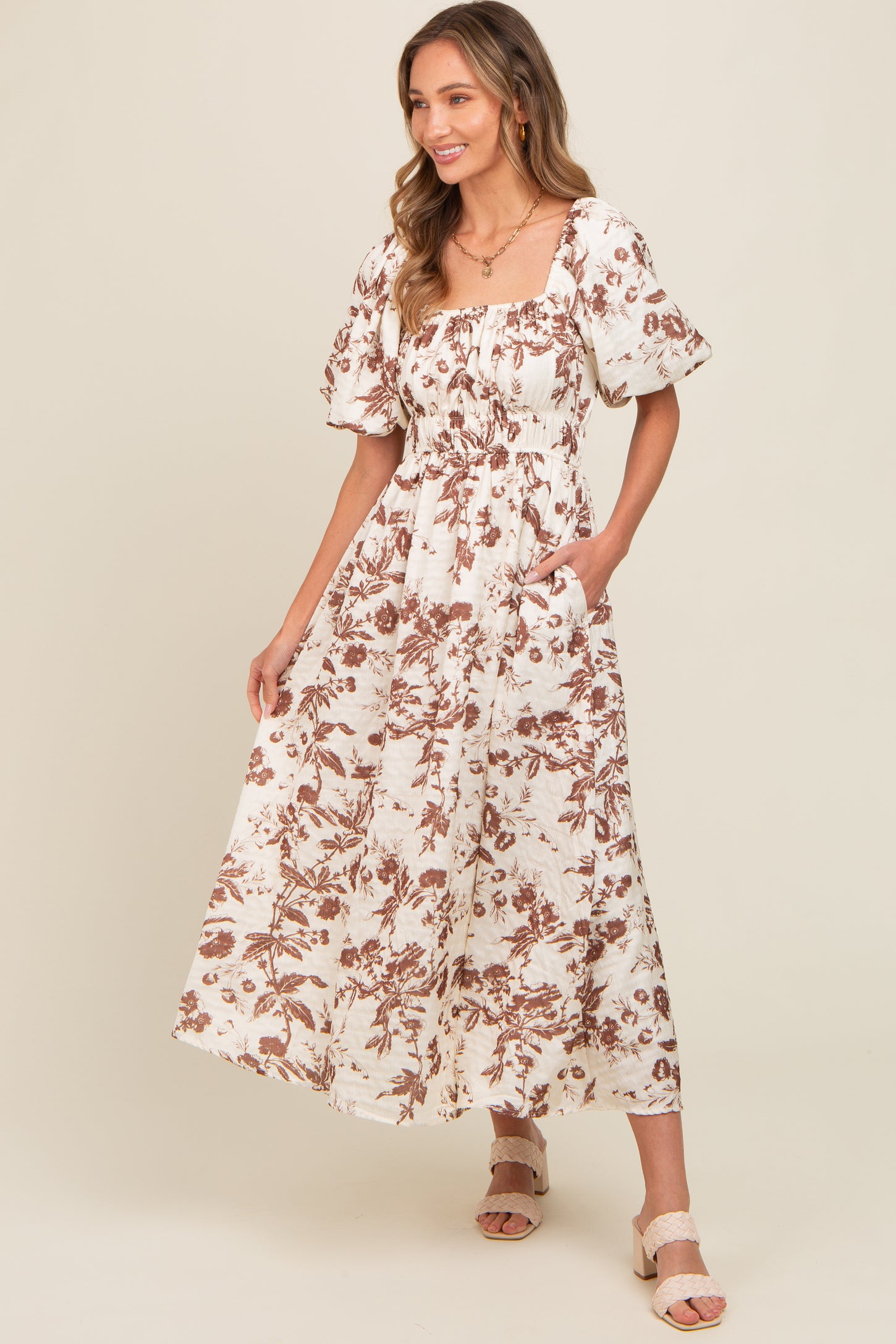 Brown Floral Puff Sleeve Maternity Midi Dress – PinkBlush