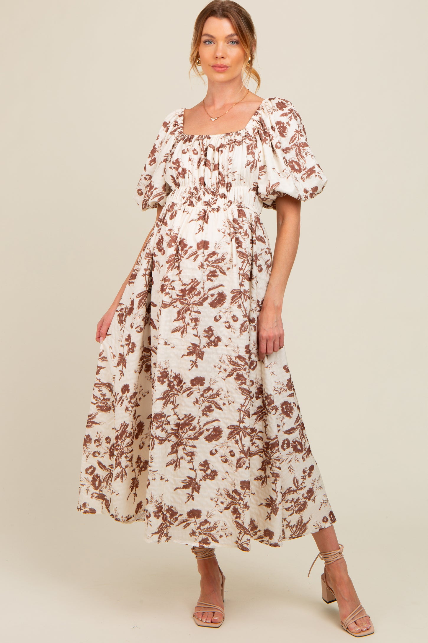 Brown Floral Puff Sleeve Maternity Midi Dress PinkBlush Brown Floral Puff Sleeve Maternity Midi Dress PinkBlush
