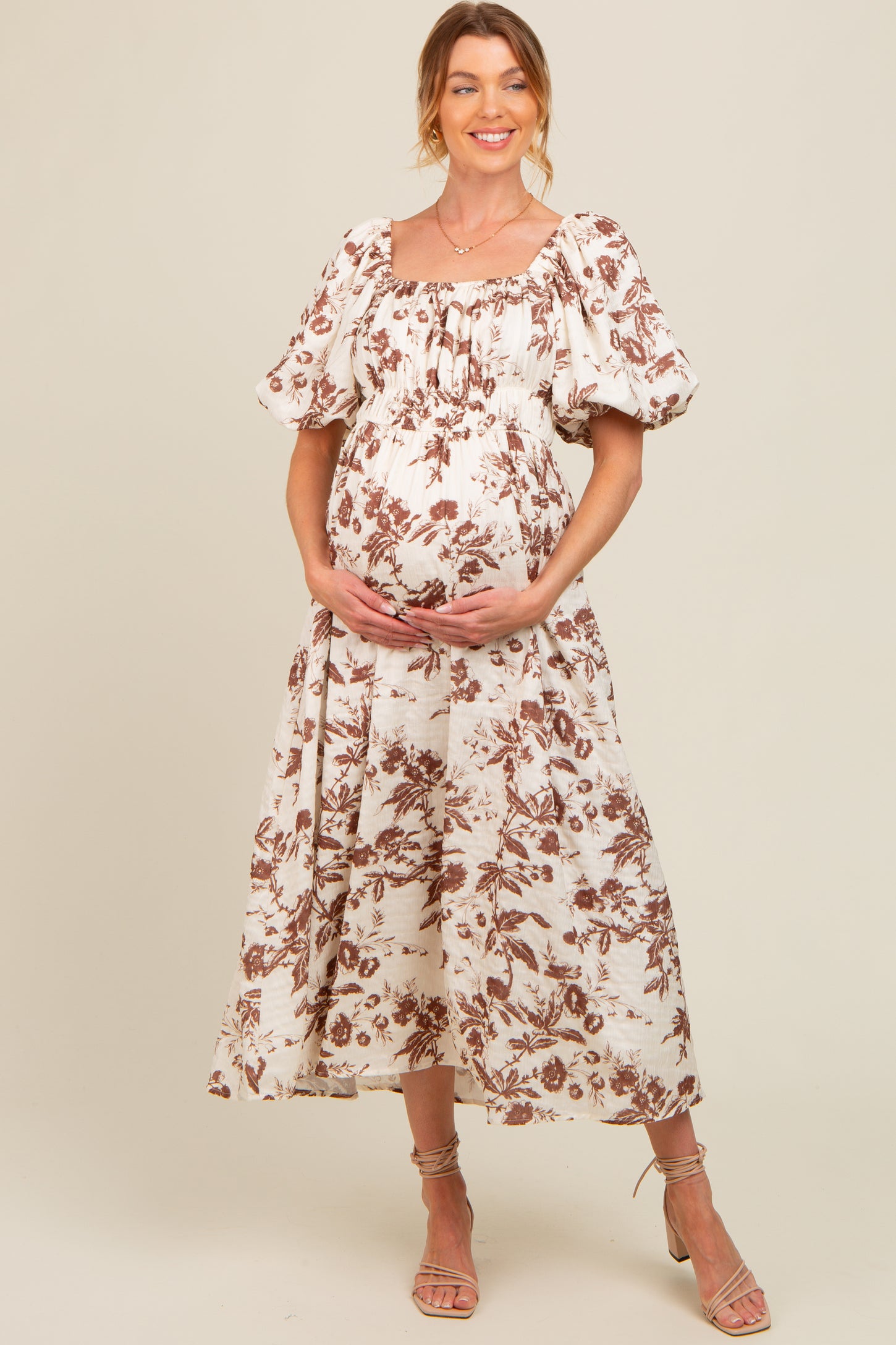 Brown Floral Puff Sleeve Maternity Midi Dress PinkBlush Brown Floral Puff Sleeve Maternity Midi Dress PinkBlush