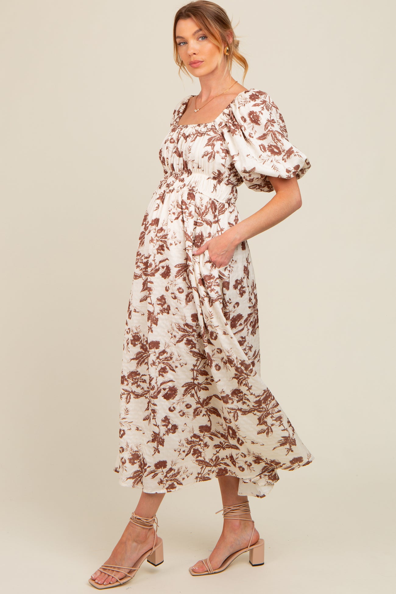 Brown Floral Puff Sleeve Maternity Midi Dress – PinkBlush