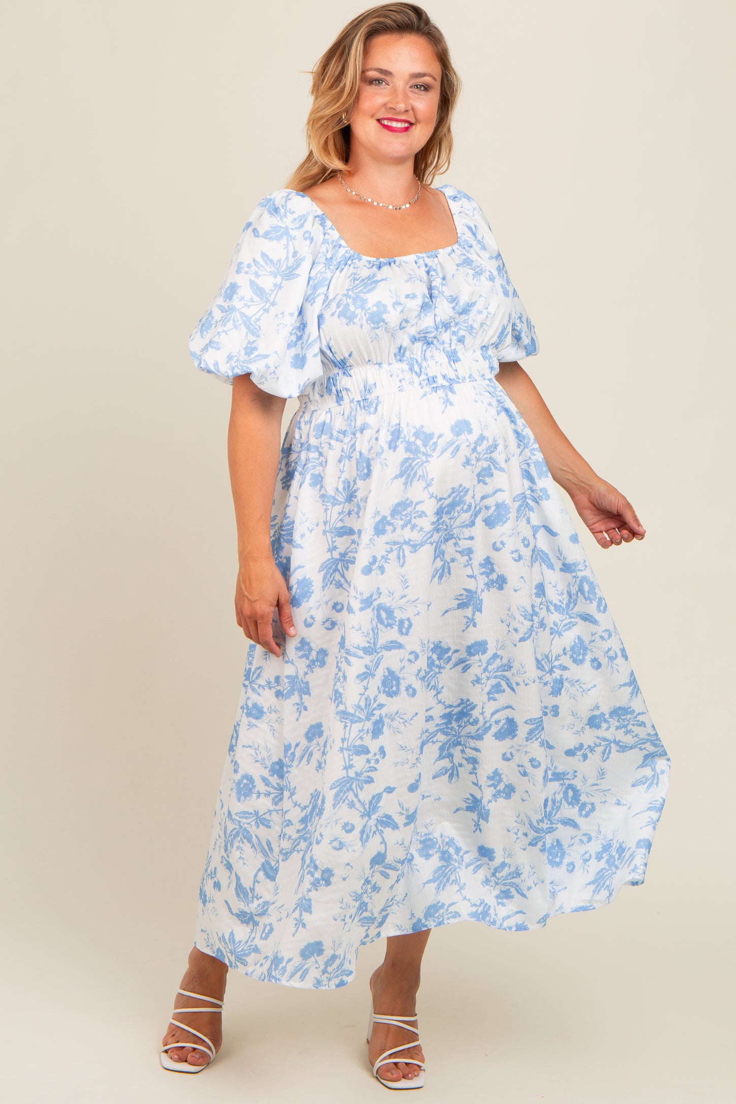 Blue Floral Puff Sleeve Maternity Plus Midi Dress PinkBlush Blue Floral Puff Sleeve Maternity Plus Midi Dress PinkBlush