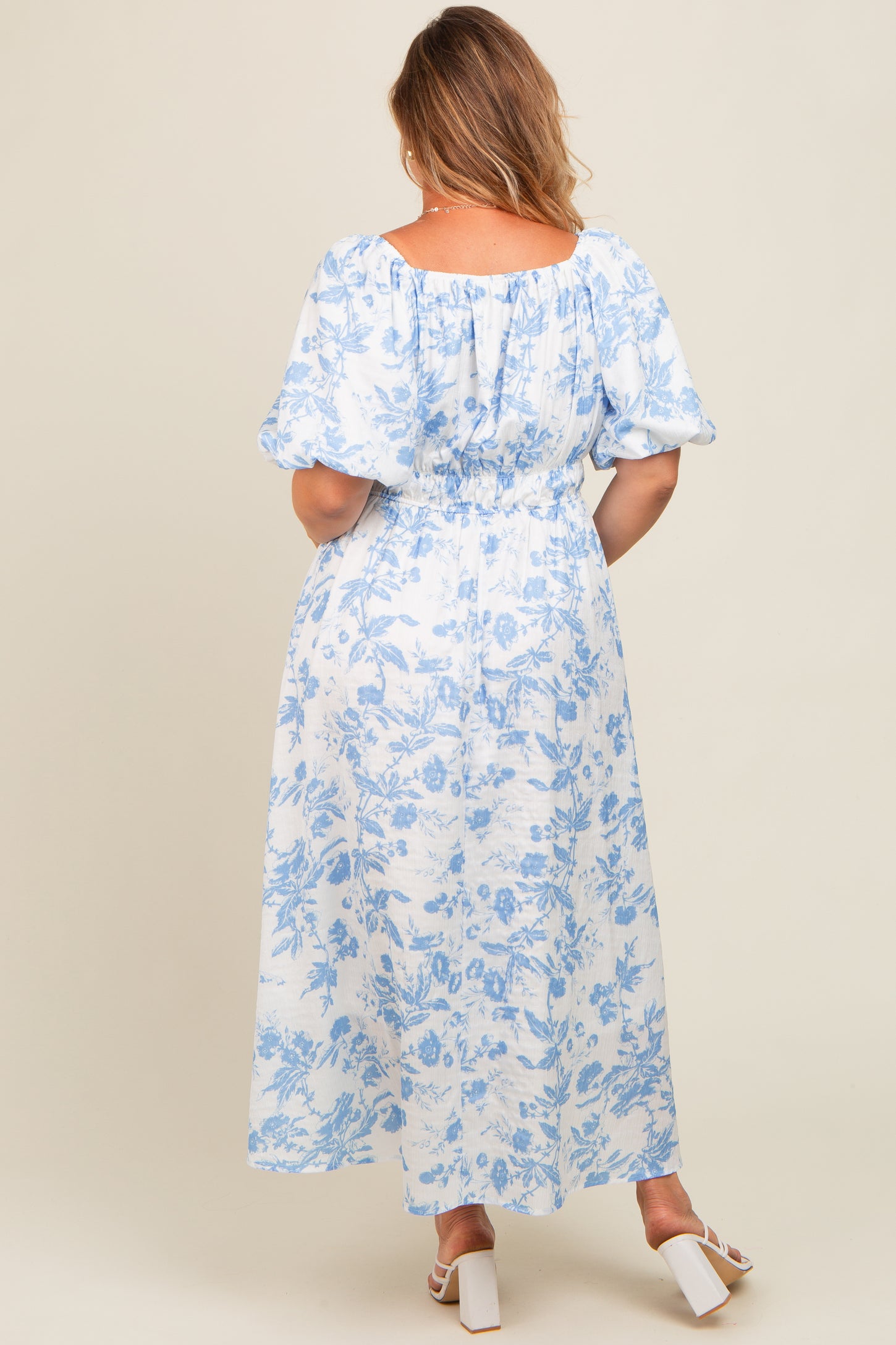 Blue Floral Puff Sleeve Maternity Plus Midi Dress – PinkBlush
