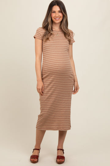 Rust Striped Side Slit Maternity Midi Dress