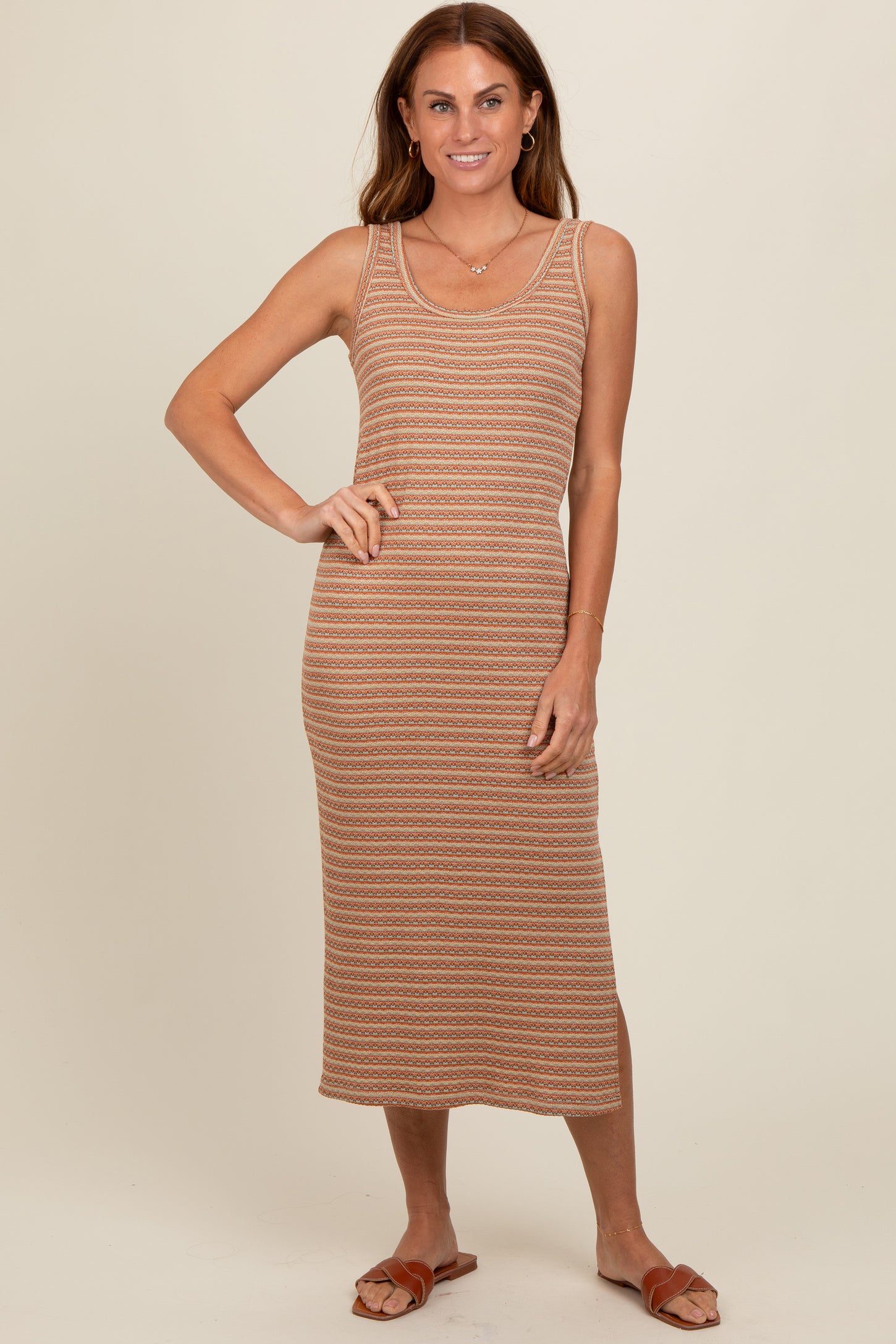 Rust Striped Sleeveless Midi Dress PinkBlush Rust Striped Sleeveless Midi Dress PinkBlush