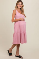 Pink Tiered Sleeveless Maternity Midi Dress