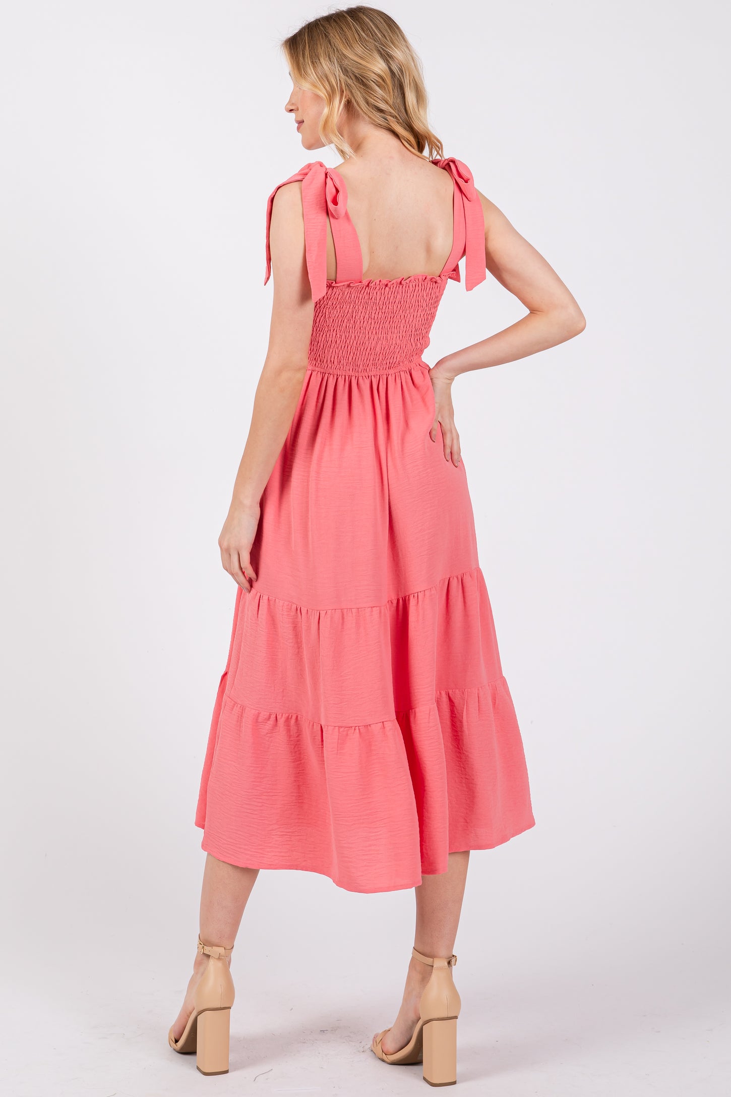 tie strap tiered midi dress Jojo Embroidered Tie Strap Tiered Midi Dress