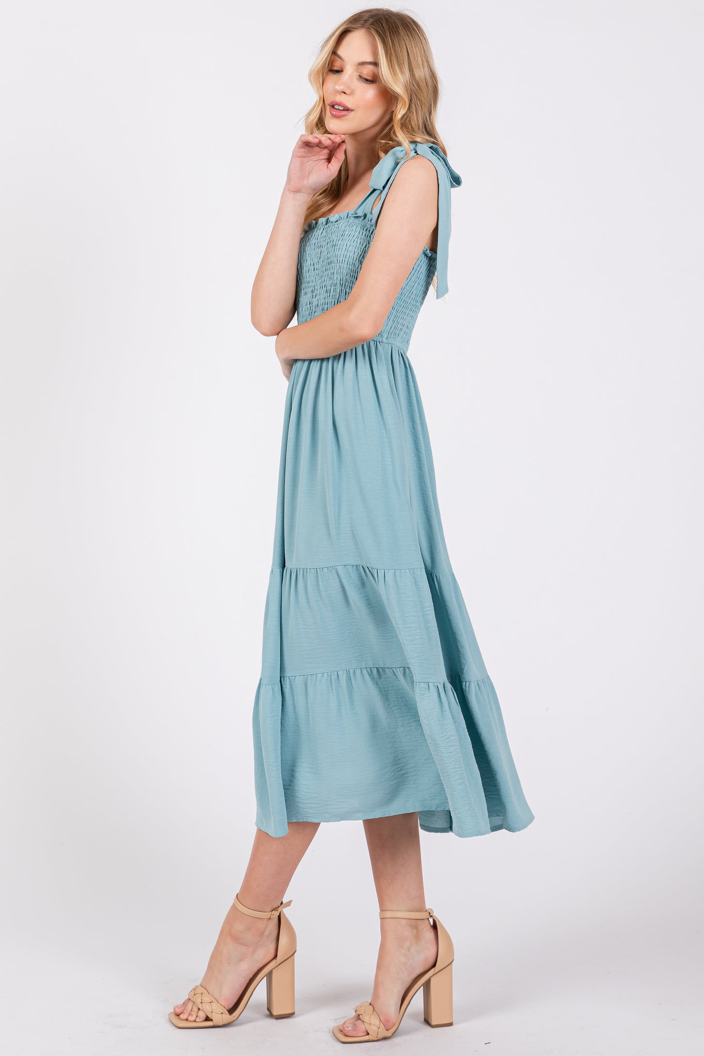 Light Blue Smocked Tie Strap Tiered Midi Dress PinkBlush Light Blue Smocked Tie Strap Tiered Midi Dress PinkBlush