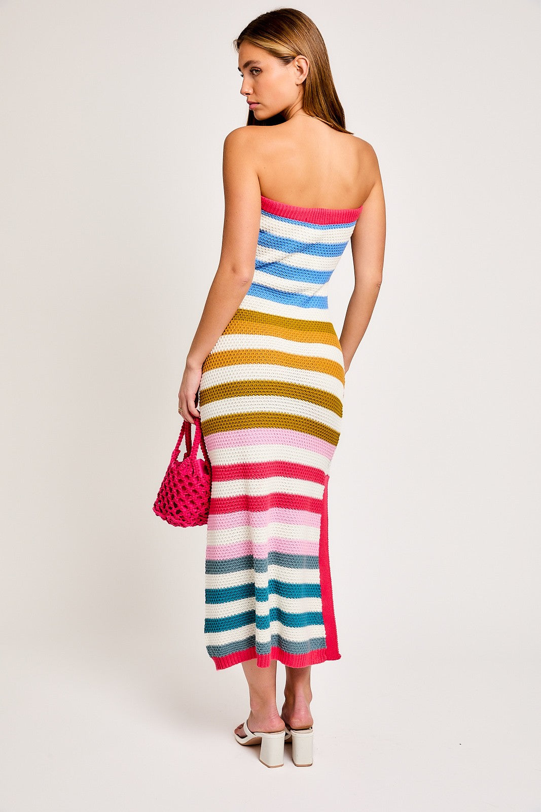 Multi Stripe Strapless Knit Fitted Midi Dress Multi Stripe Strapless Knit Fitted Midi Dress